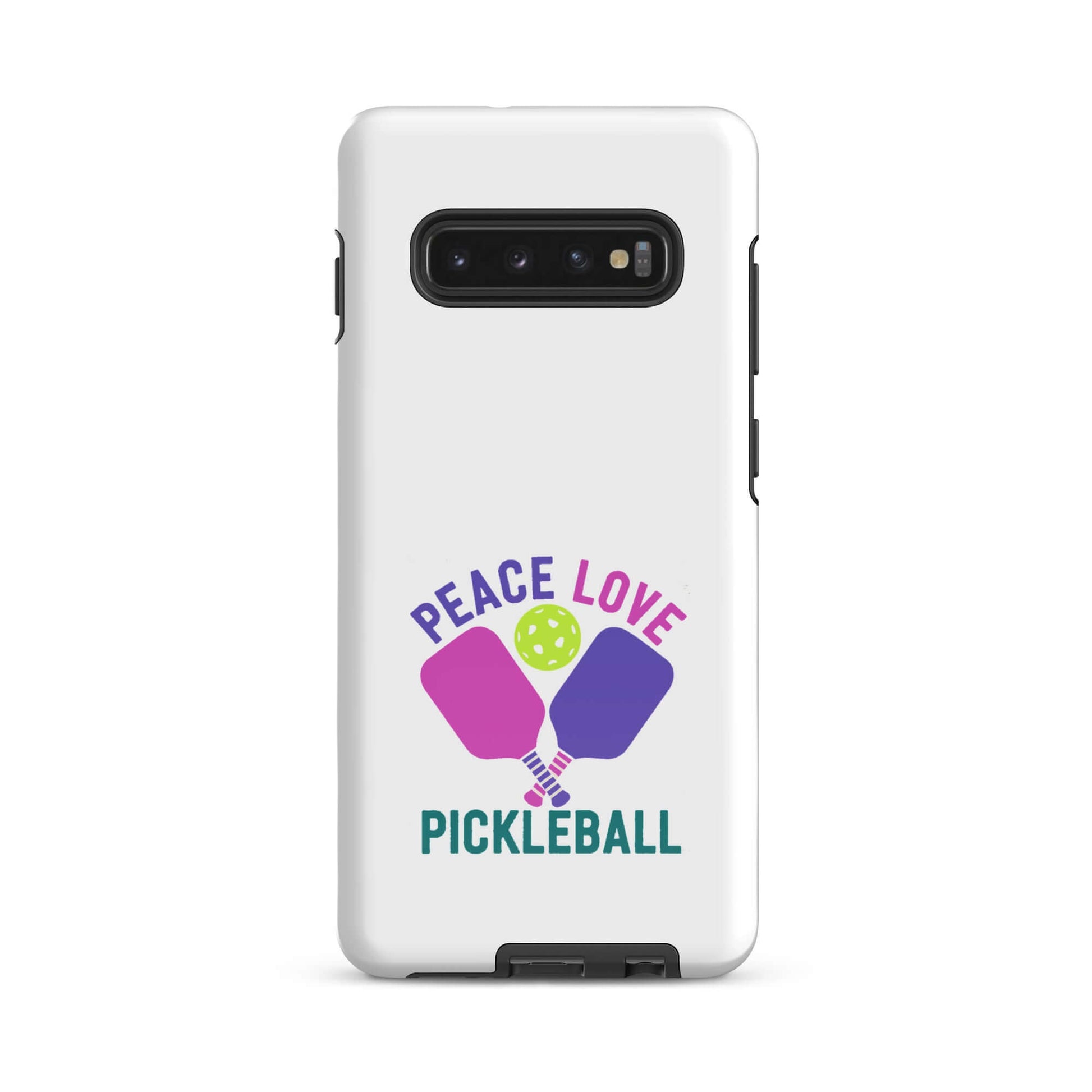 Peace, Love, Pickleball tough case for Samsung Galaxy smartphones featuring vibrant graphic design.