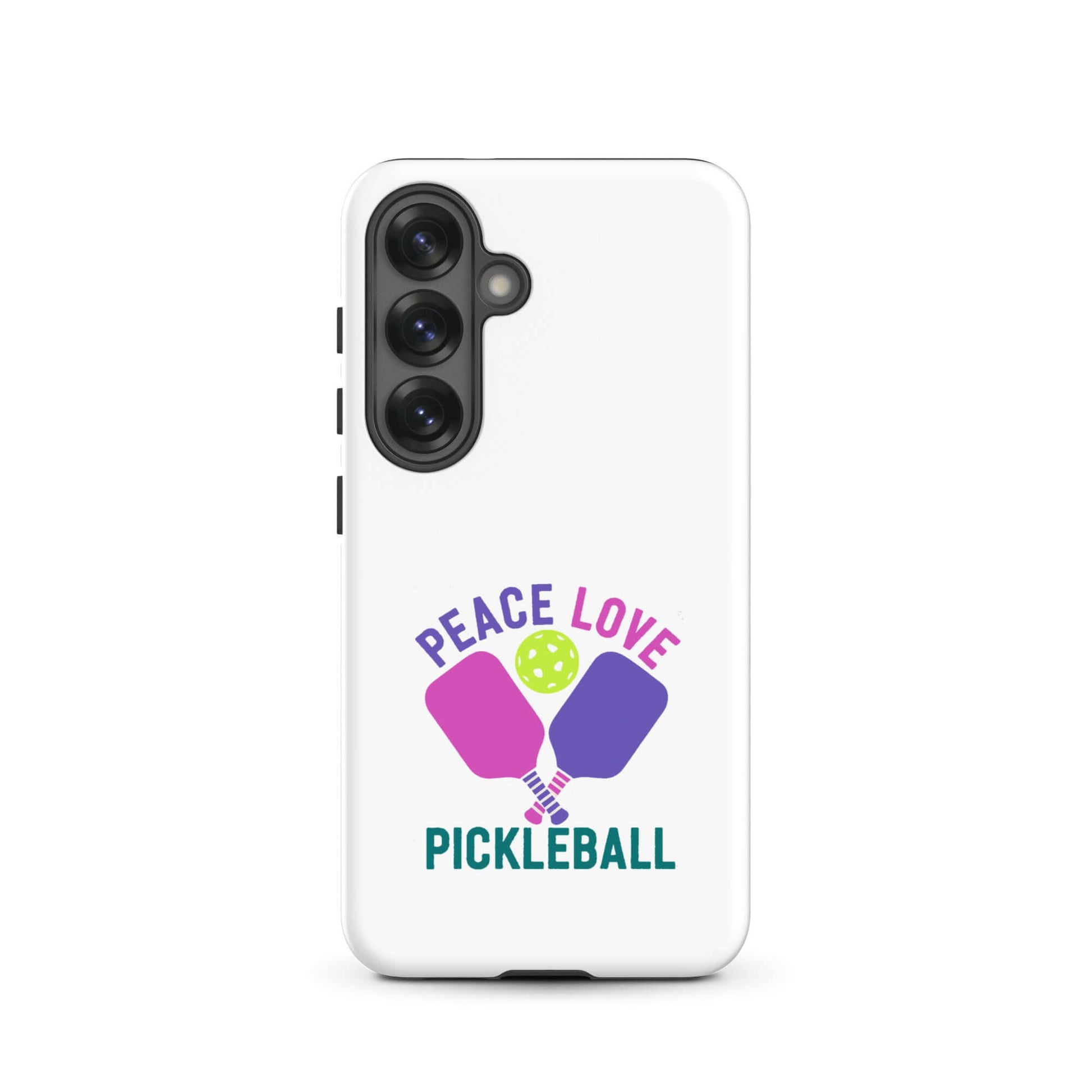 Peace, Love, Pickleball white tough case for Samsung Galaxy smartphones with colorful design.