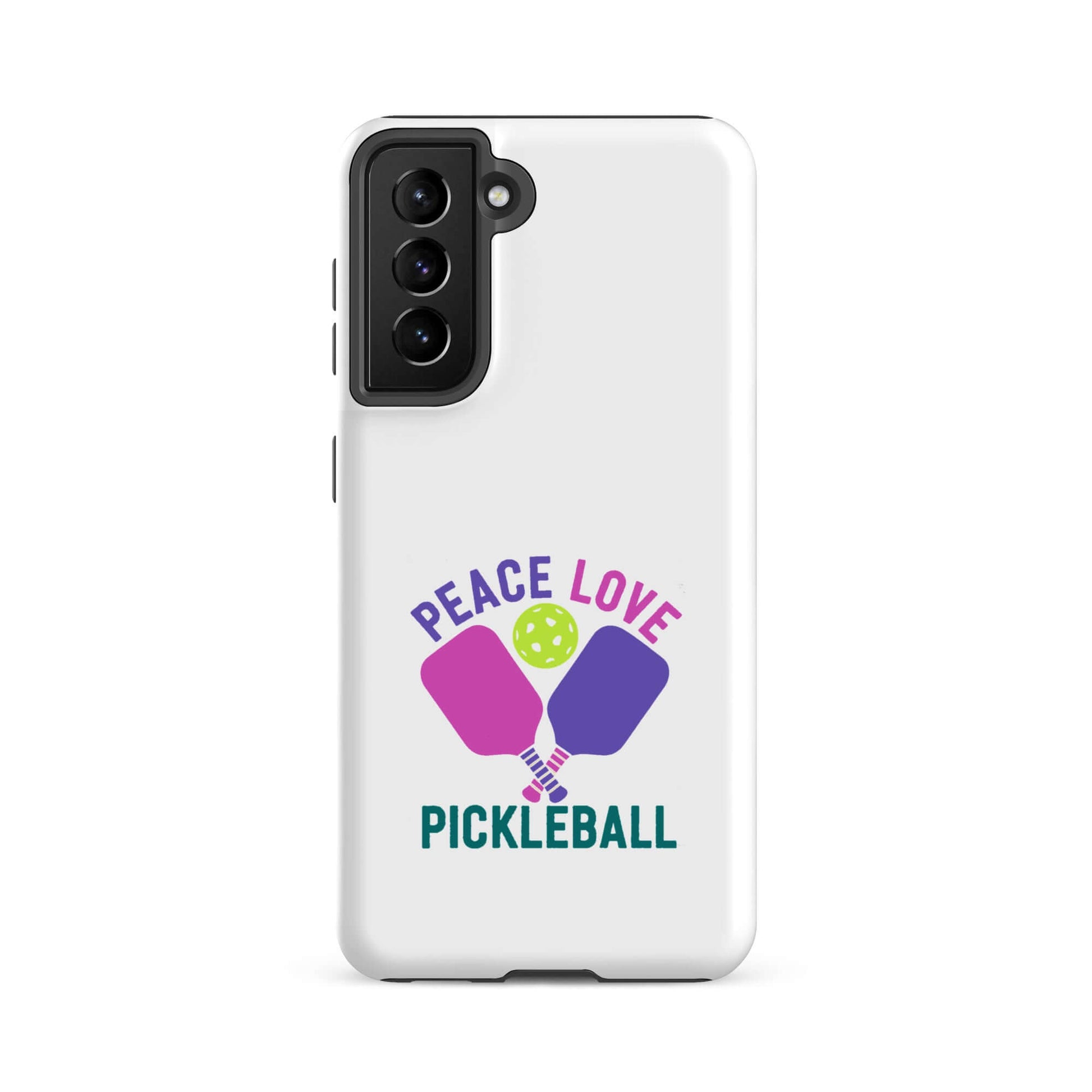 Peace Love Pickleball tough case for Samsung Galaxy smartphones in white with colorful paddles and ball design.