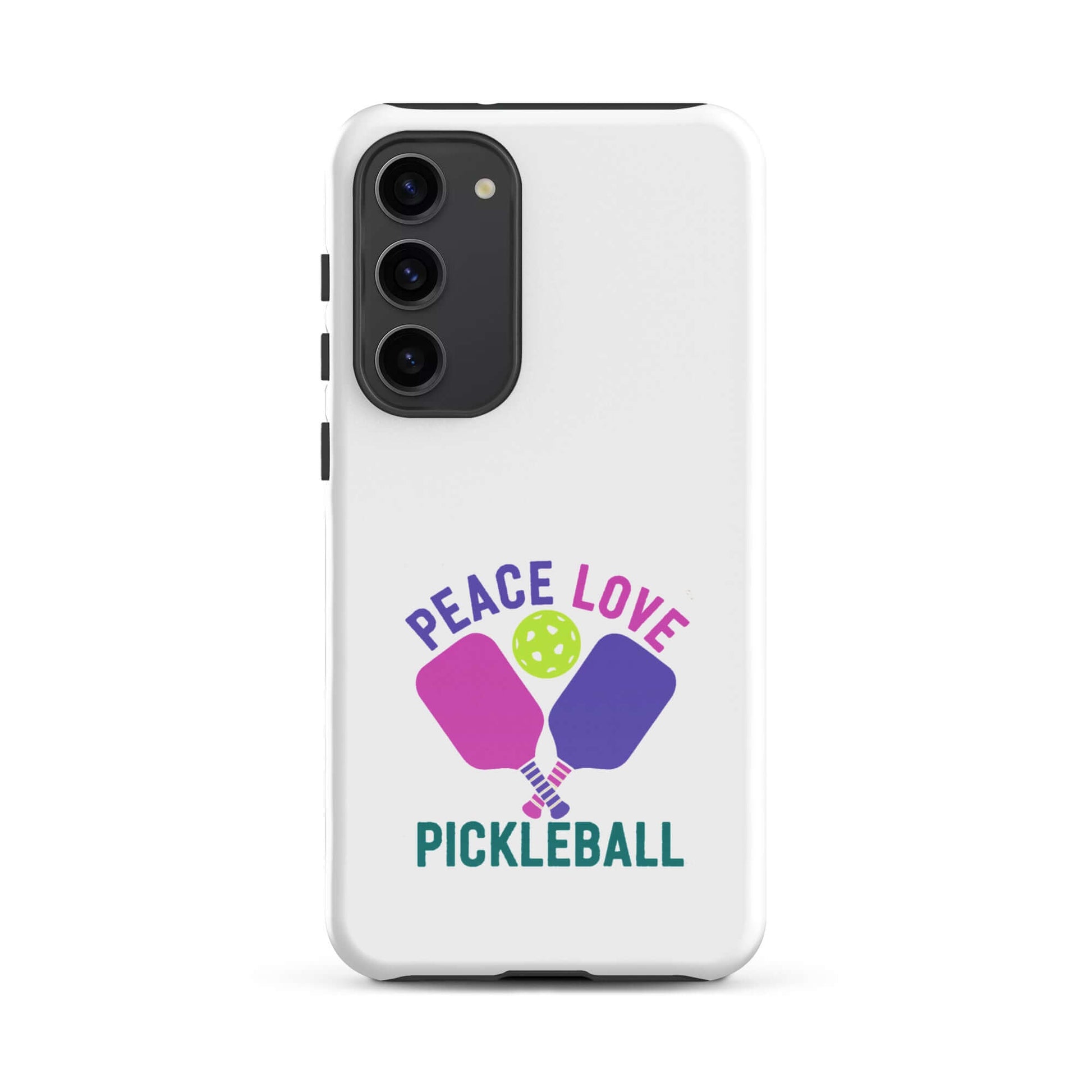 Peace Love Pickleball tough case for Samsung Galaxy smartphone, stylish white design for pickleball fans.