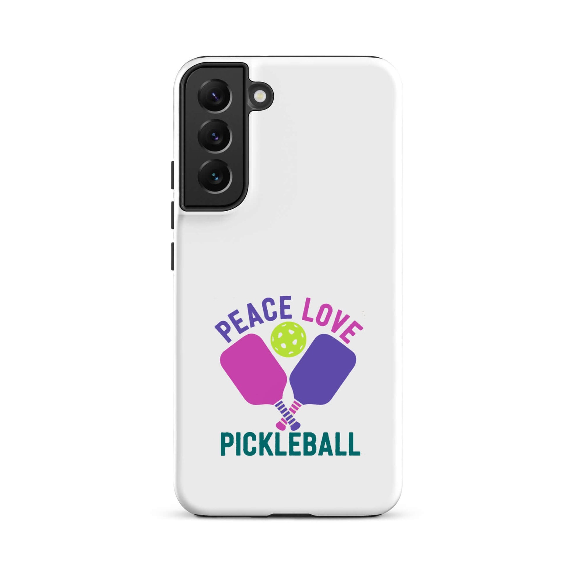 Peace Love Pickleball white tough case for Samsung Galaxy smartphone with colorful paddles and pickleball.
