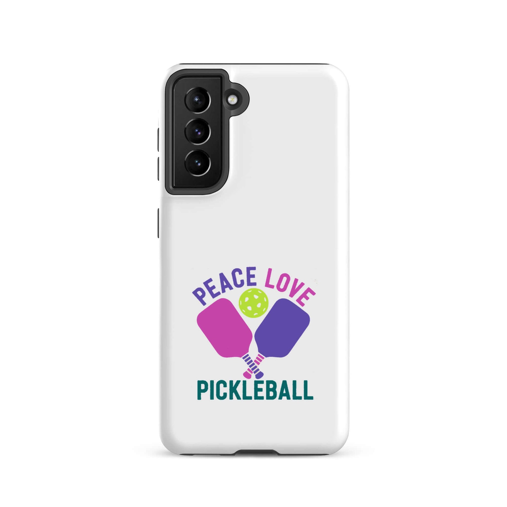 Peace Love Pickleball tough case for Samsung Galaxy smartphones, stylish and protective design.