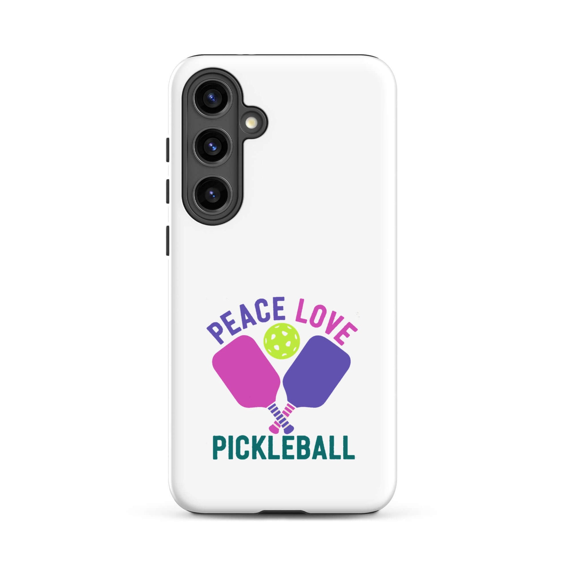 Peace Love Pickleball white tough case for Samsung Galaxy smartphones featuring paddles and ball design.