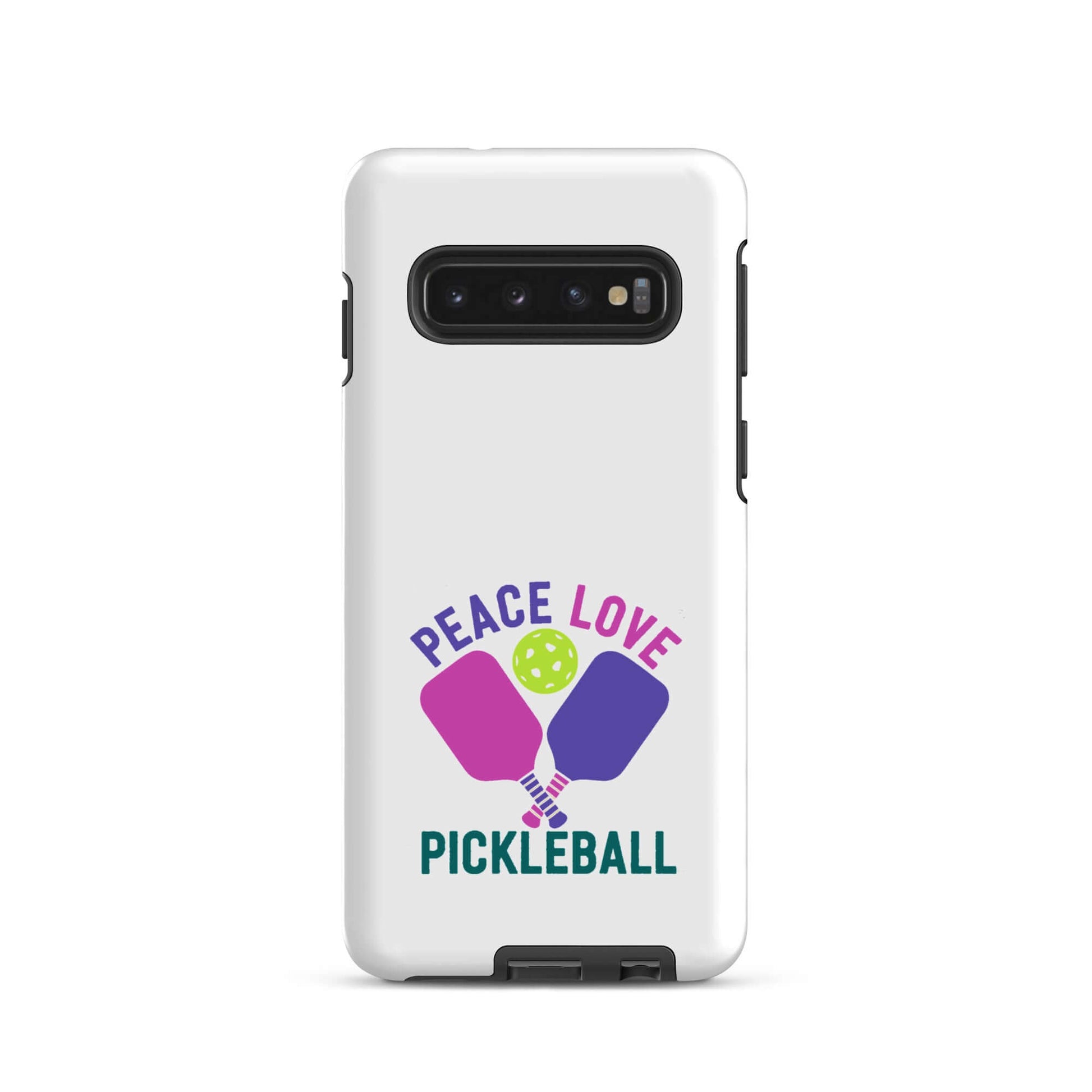 White tough case for Samsung Galaxy with 'Peace Love Pickleball' design, perfect for pickleball fans.