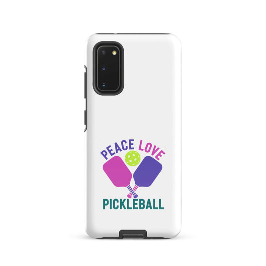Peace, Love, Pickleball tough case for Samsung Galaxy smartphones in white with colorful paddles and ball design.