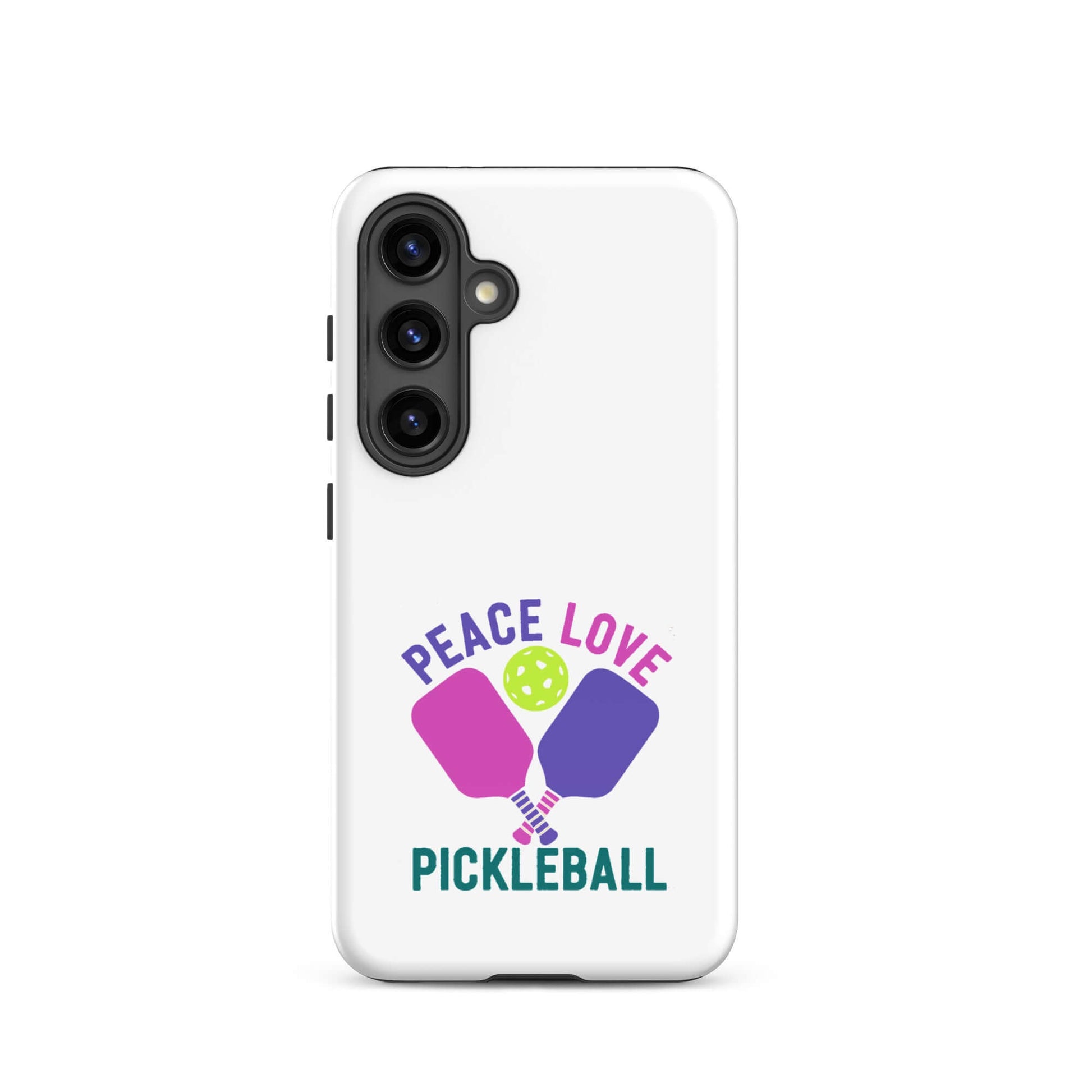 Peace Love Pickleball white tough case for Samsung Galaxy featuring paddles and a ball design.