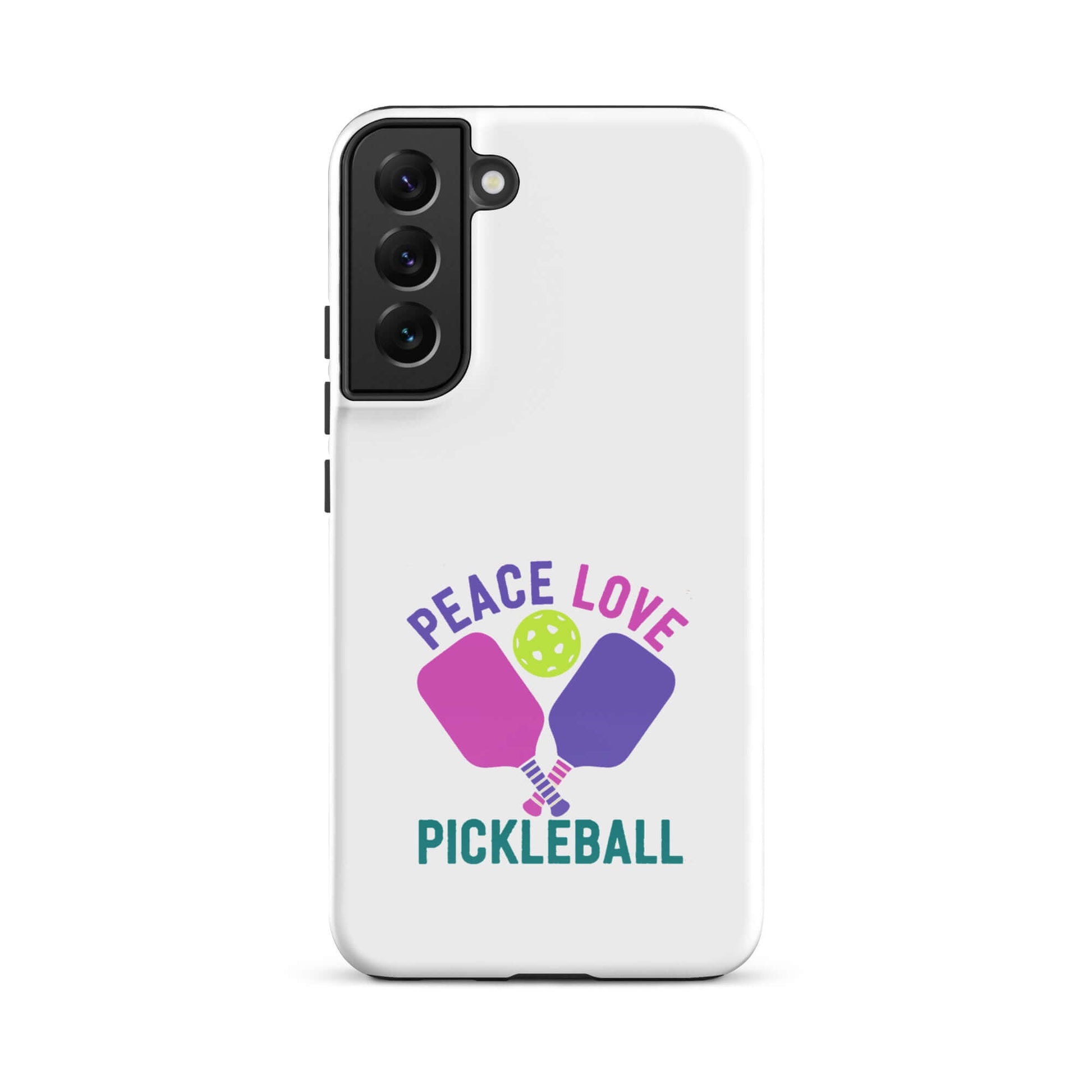 Peace, Love, Pickleball white tough case for Samsung Galaxy smartphones with vibrant paddles and ball design.