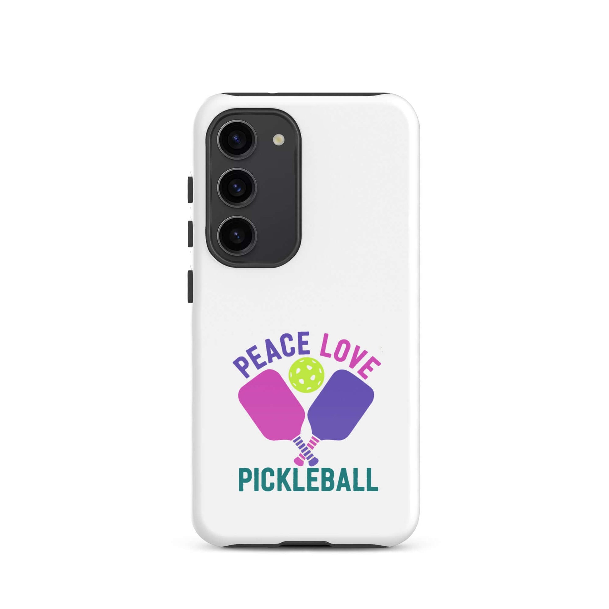 Peace, Love, Pickleball white tough case for Samsung Galaxy smartphones with vibrant graphic design.