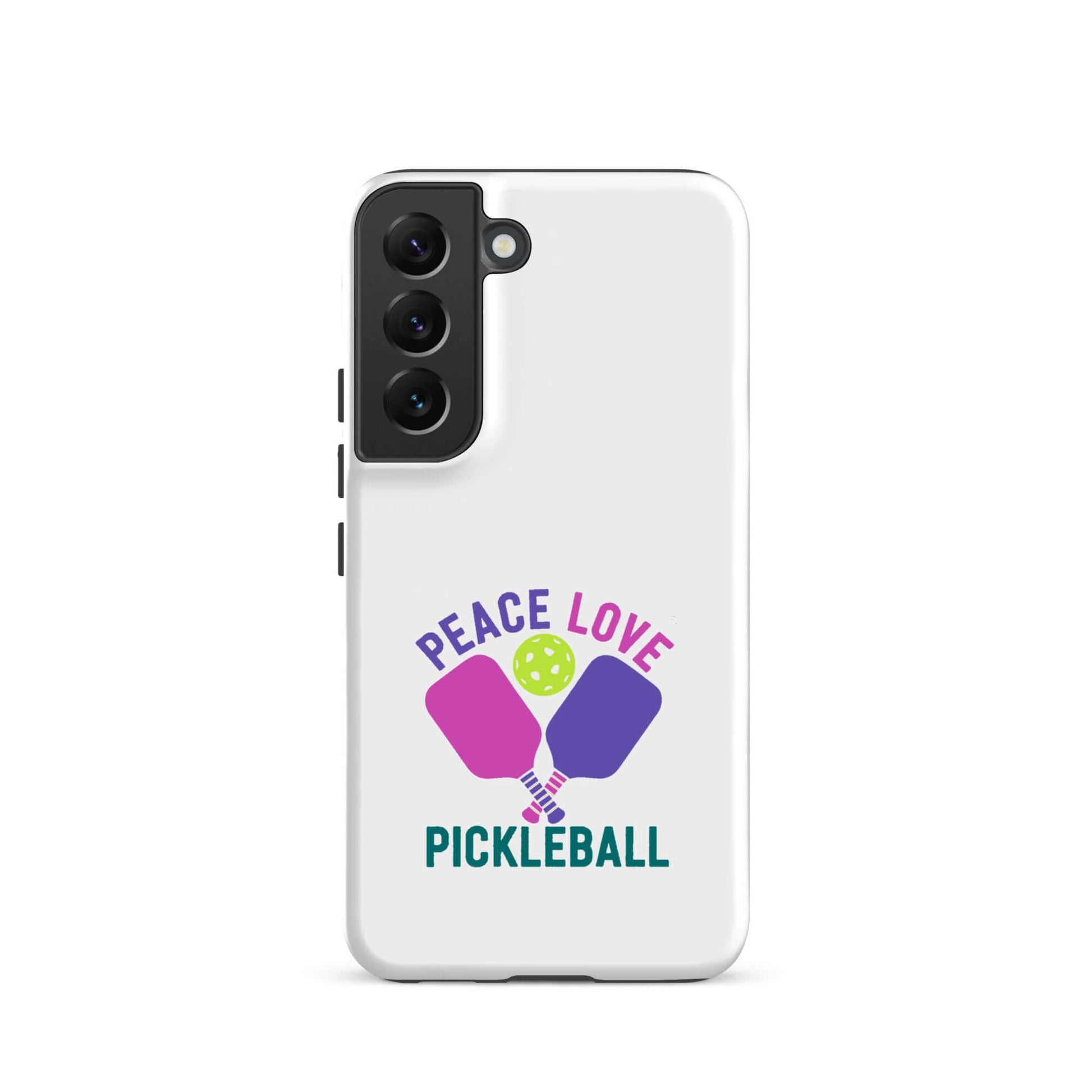 Peace Love Pickleball white tough case for Samsung Galaxy smartphones featuring pickleball paddles.