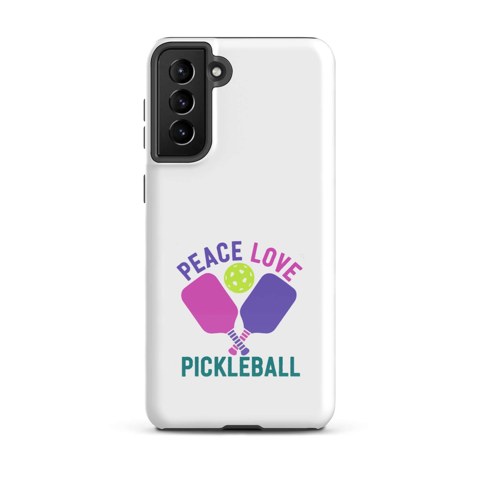 Peace Love Pickleball white tough case for Samsung Galaxy smartphones, showcasing stylish pickleball design.