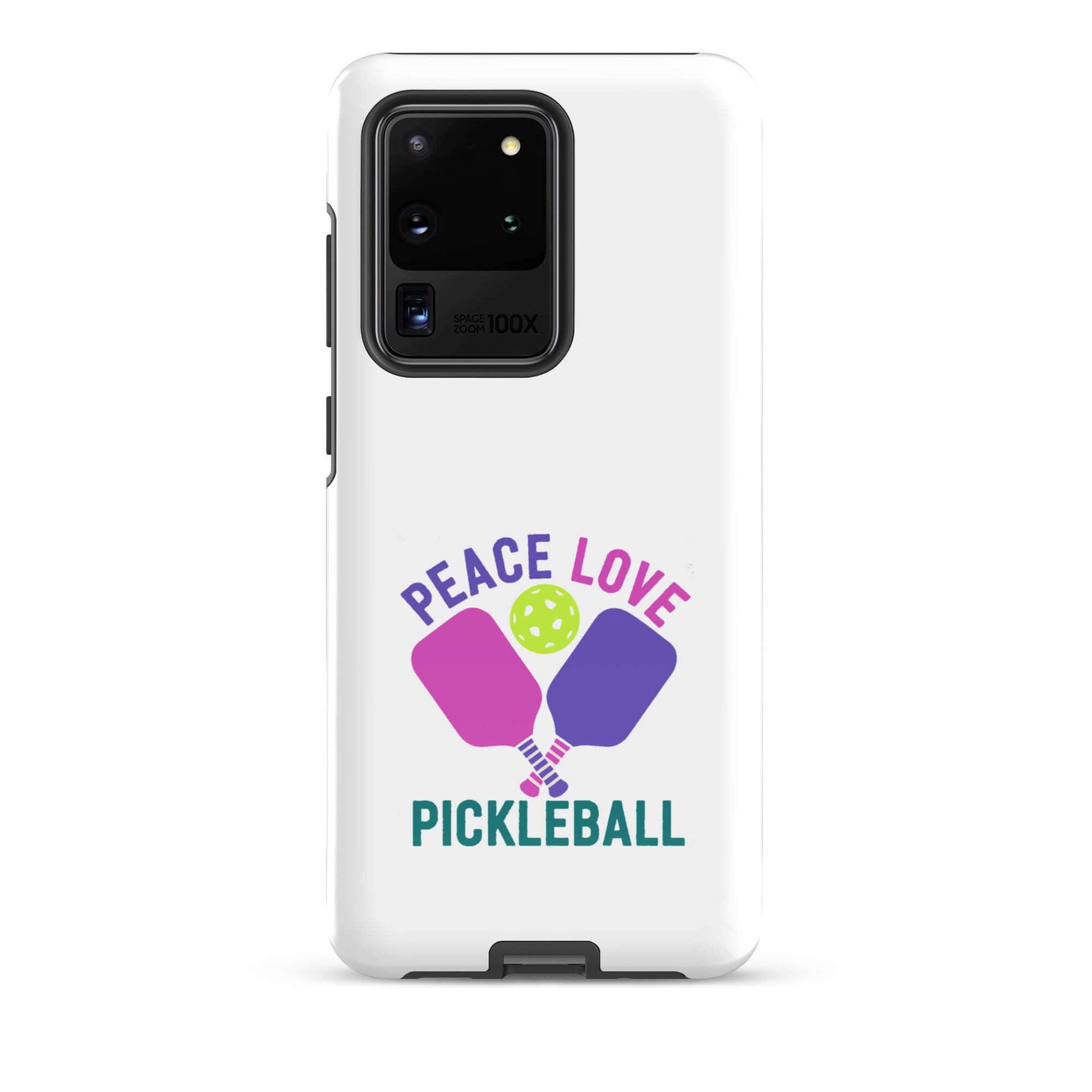 Peace Love Pickleball white tough case for Samsung Galaxy smartphones with colorful design and pickleball paddles.