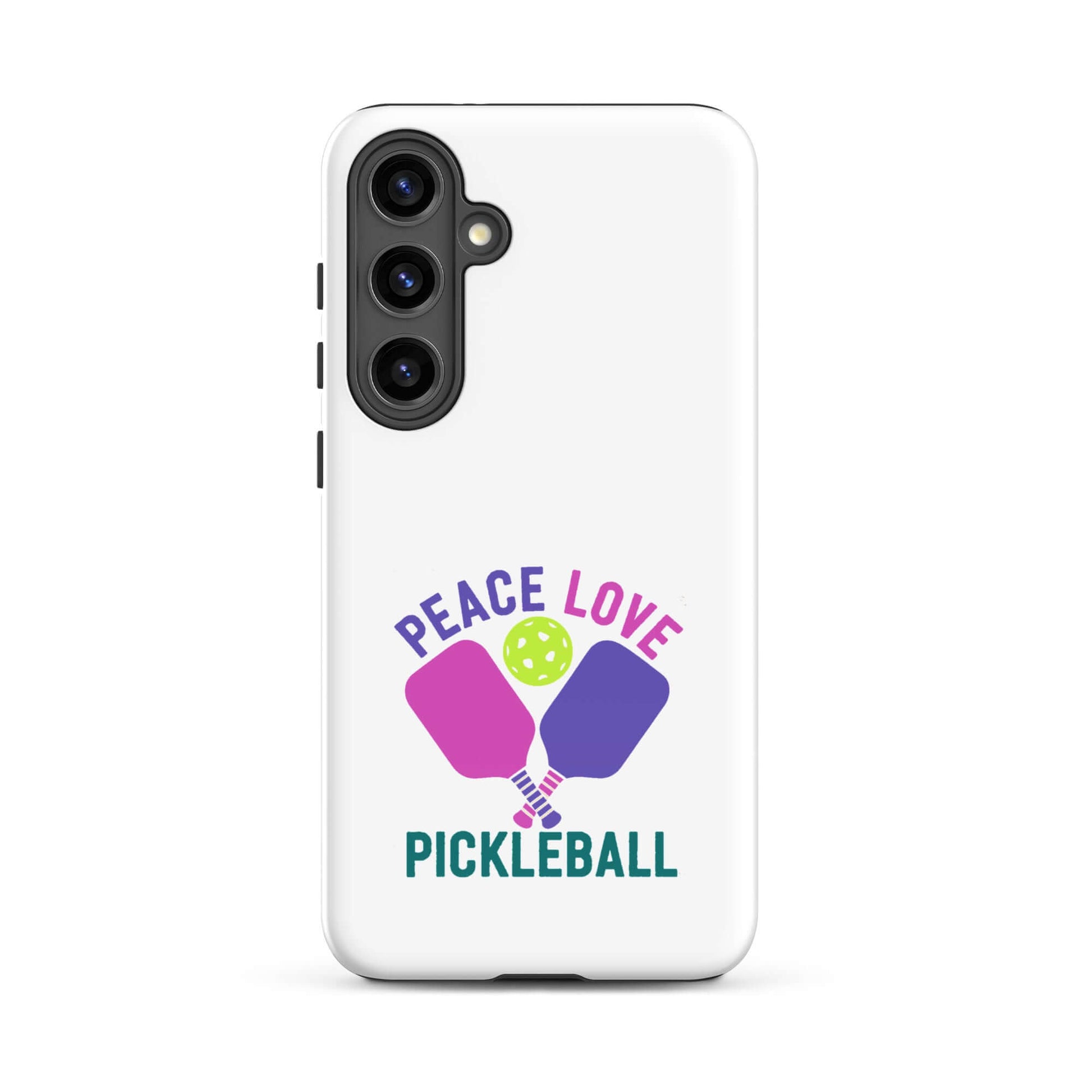 Peace Love Pickleball white tough case for Samsung Galaxy smartphones featuring paddles and a ball design.