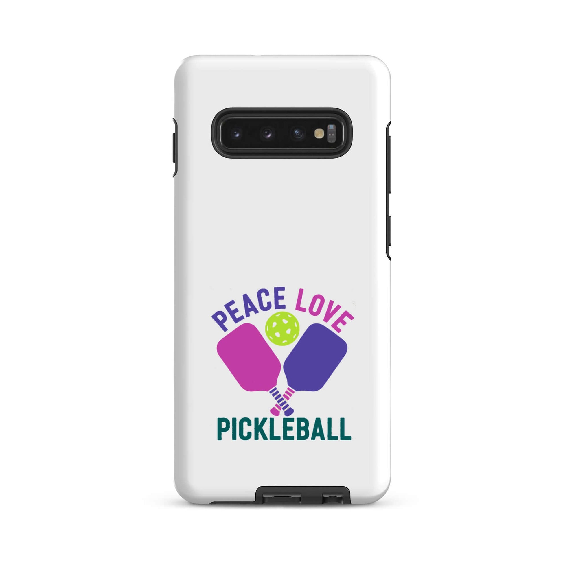 Peace Love Pickleball tough case for Samsung Galaxy smartphones in white with pickleball graphic.