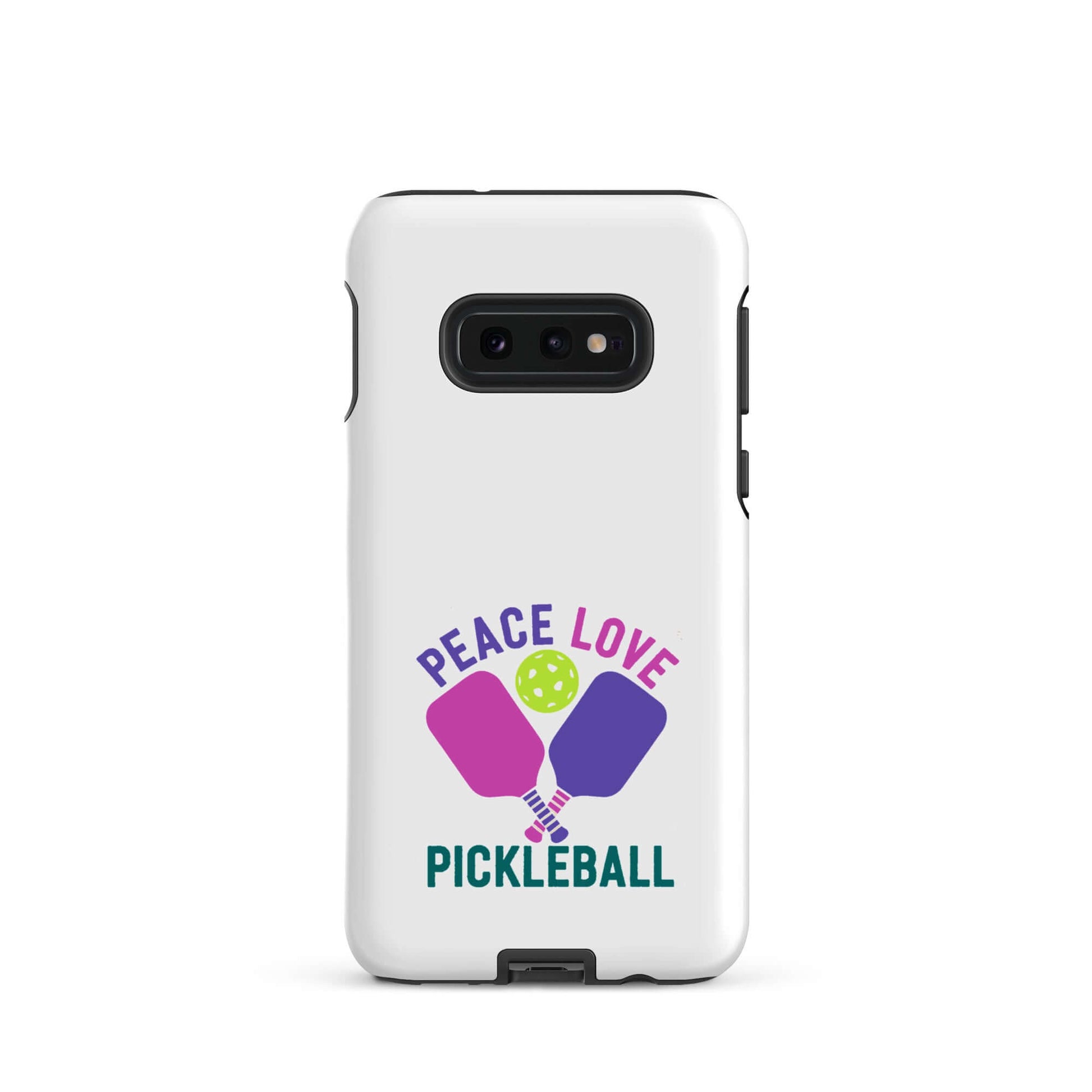 Peace Love Pickleball white tough case for Samsung Galaxy smartphones, stylish and durable protection.
