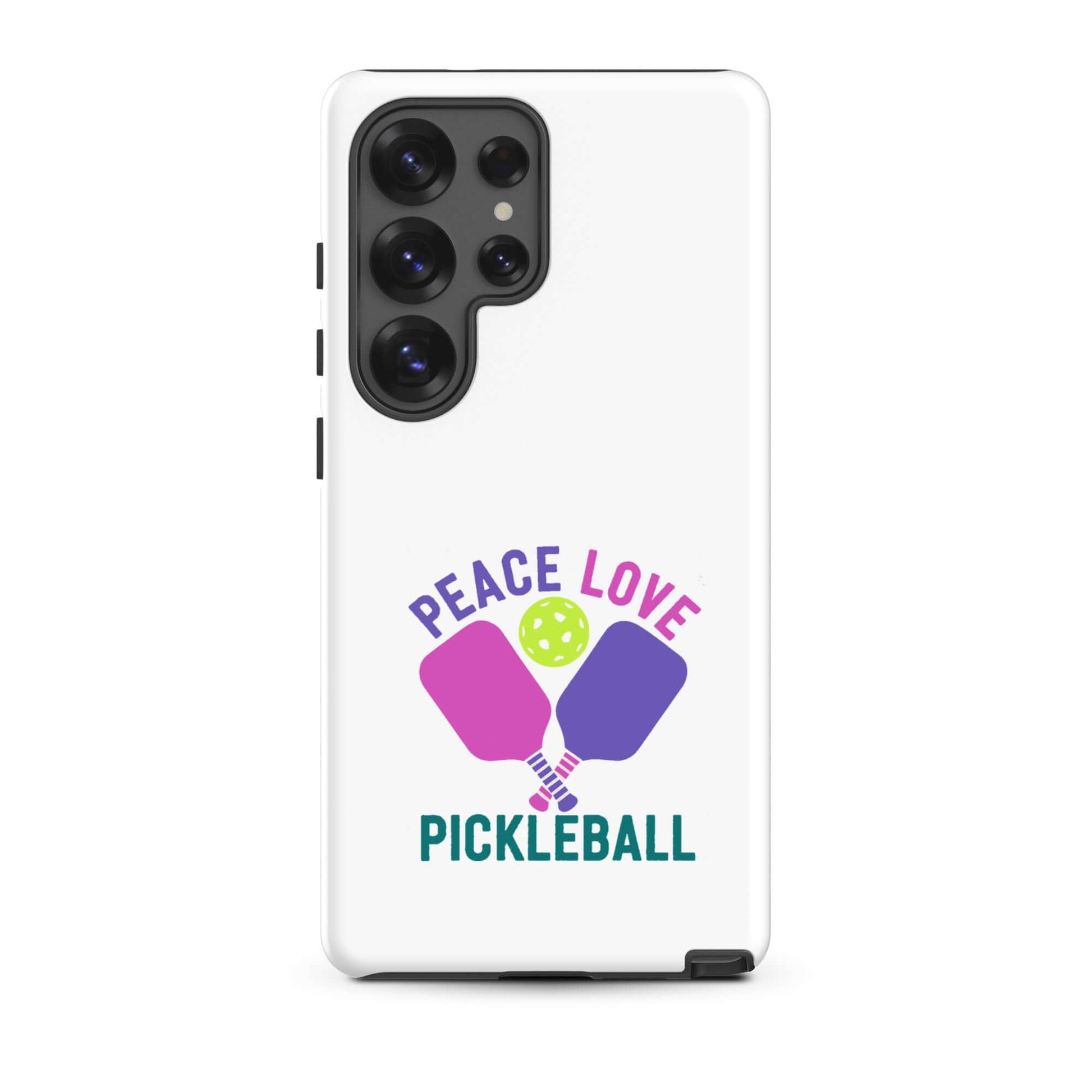 Peace Love Pickleball white tough case for Samsung Galaxy smartphone featuring paddles and a ball design.