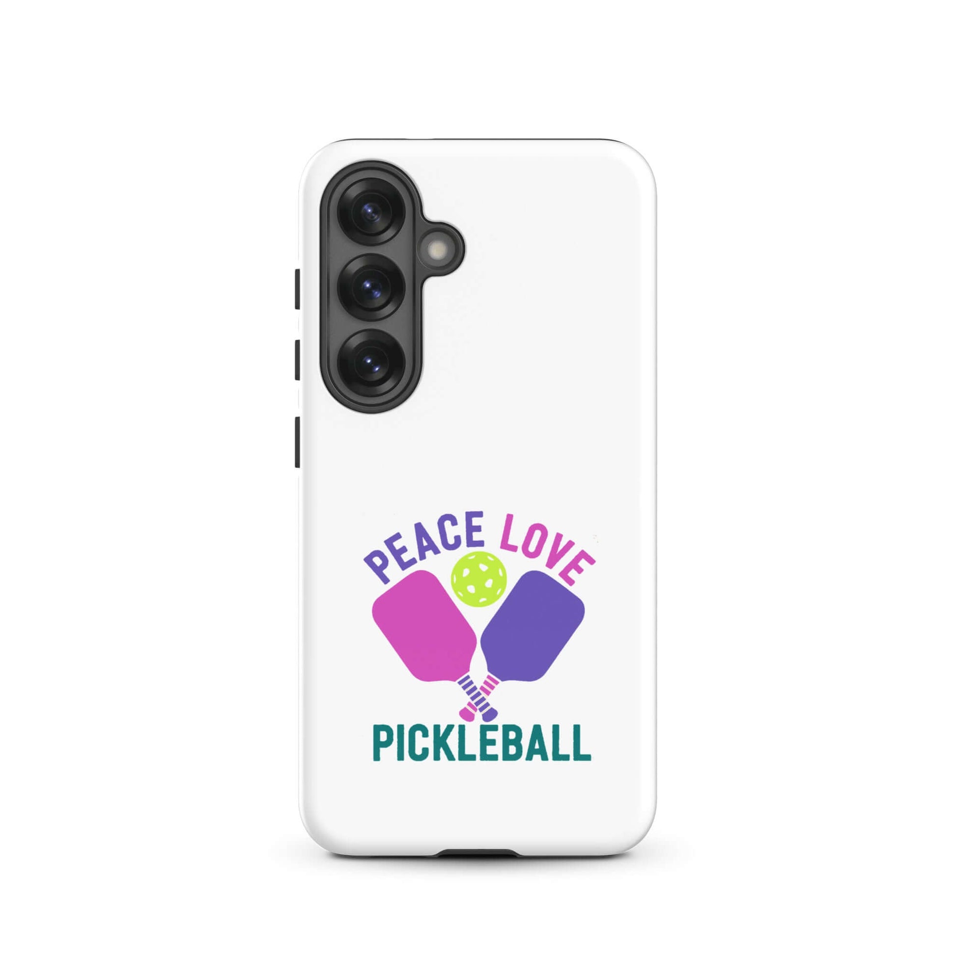 Peace Love Pickleball Tough Case for Samsung Galaxy with colorful paddles and ball design.