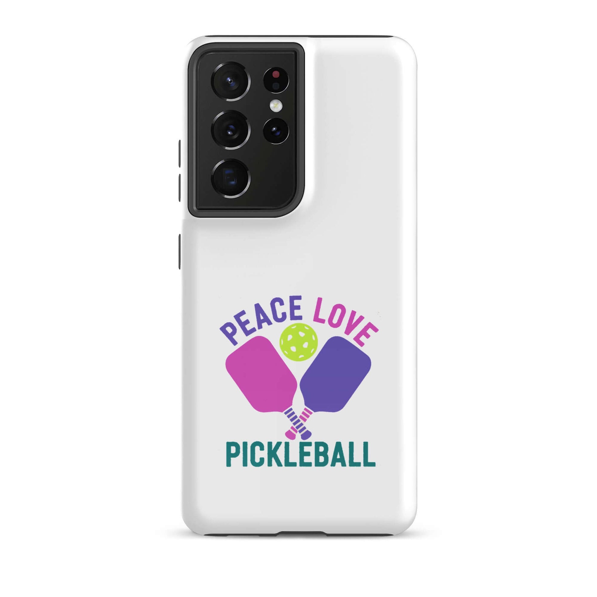 Peace Love Pickleball white tough case for Samsung Galaxy smartphones with paddles design