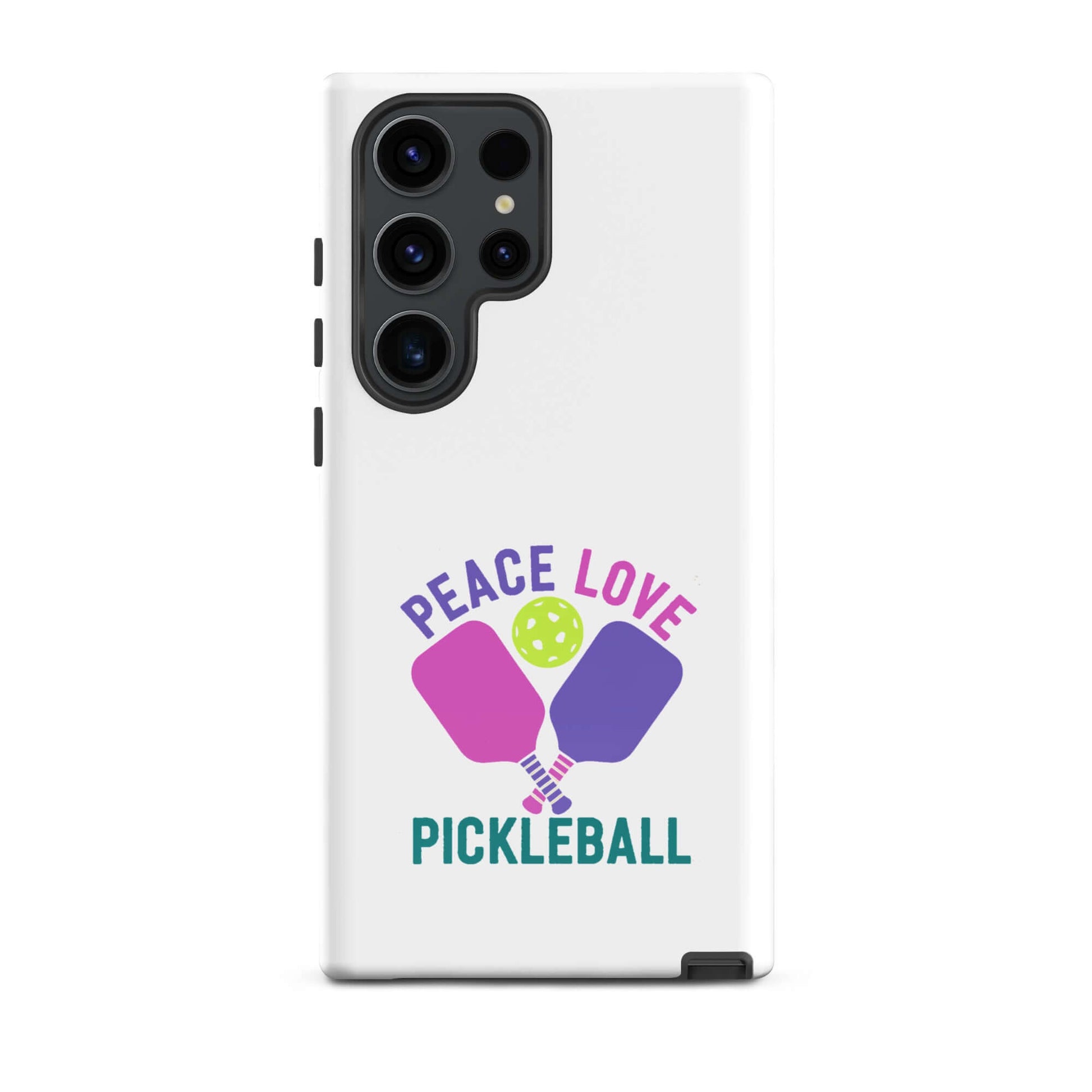Peace, Love, Pickleball white tough case for Samsung Galaxy smartphones with colorful pickleball paddles.