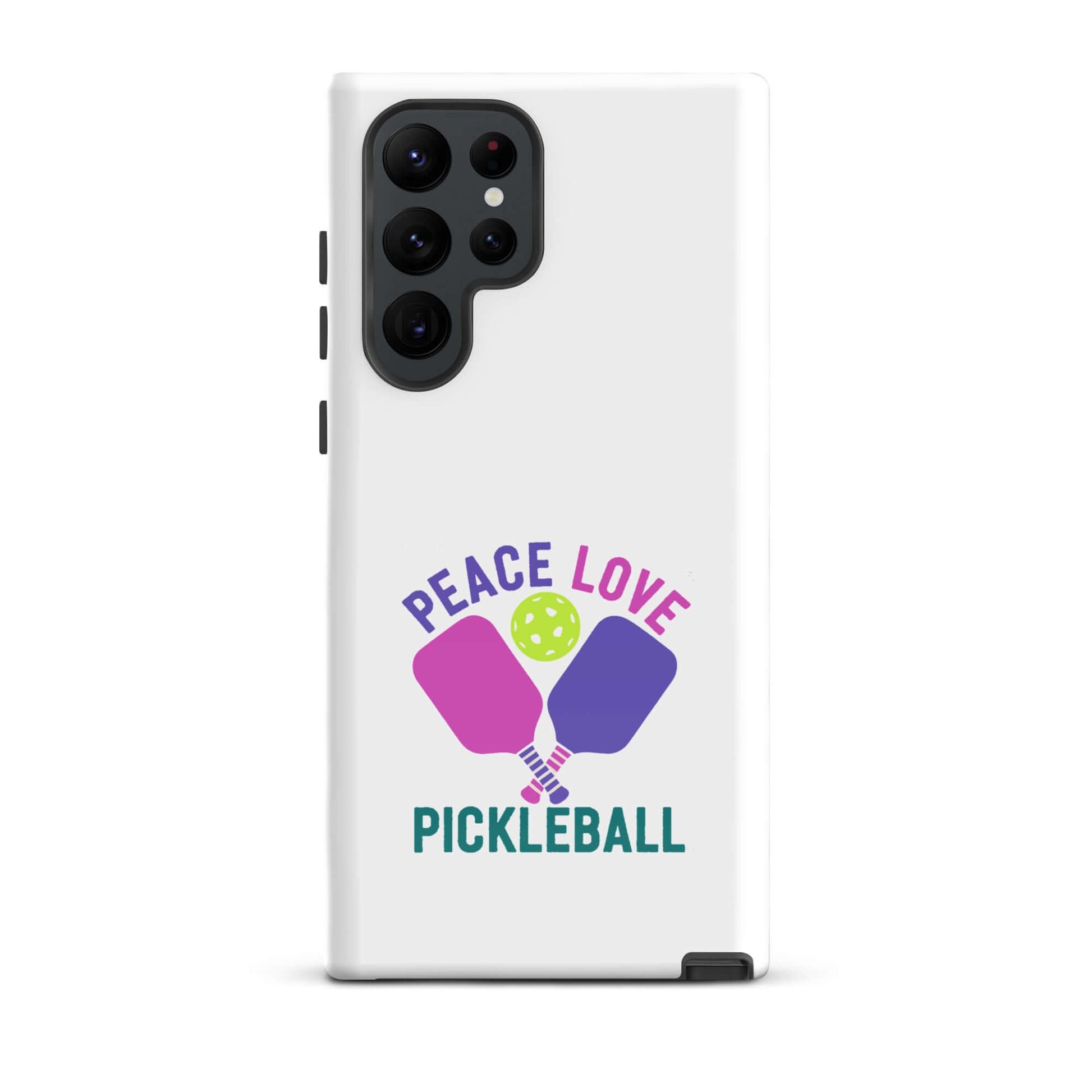 Peace Love Pickleball white tough case for Samsung Galaxy smartphones featuring vibrant graphic design.