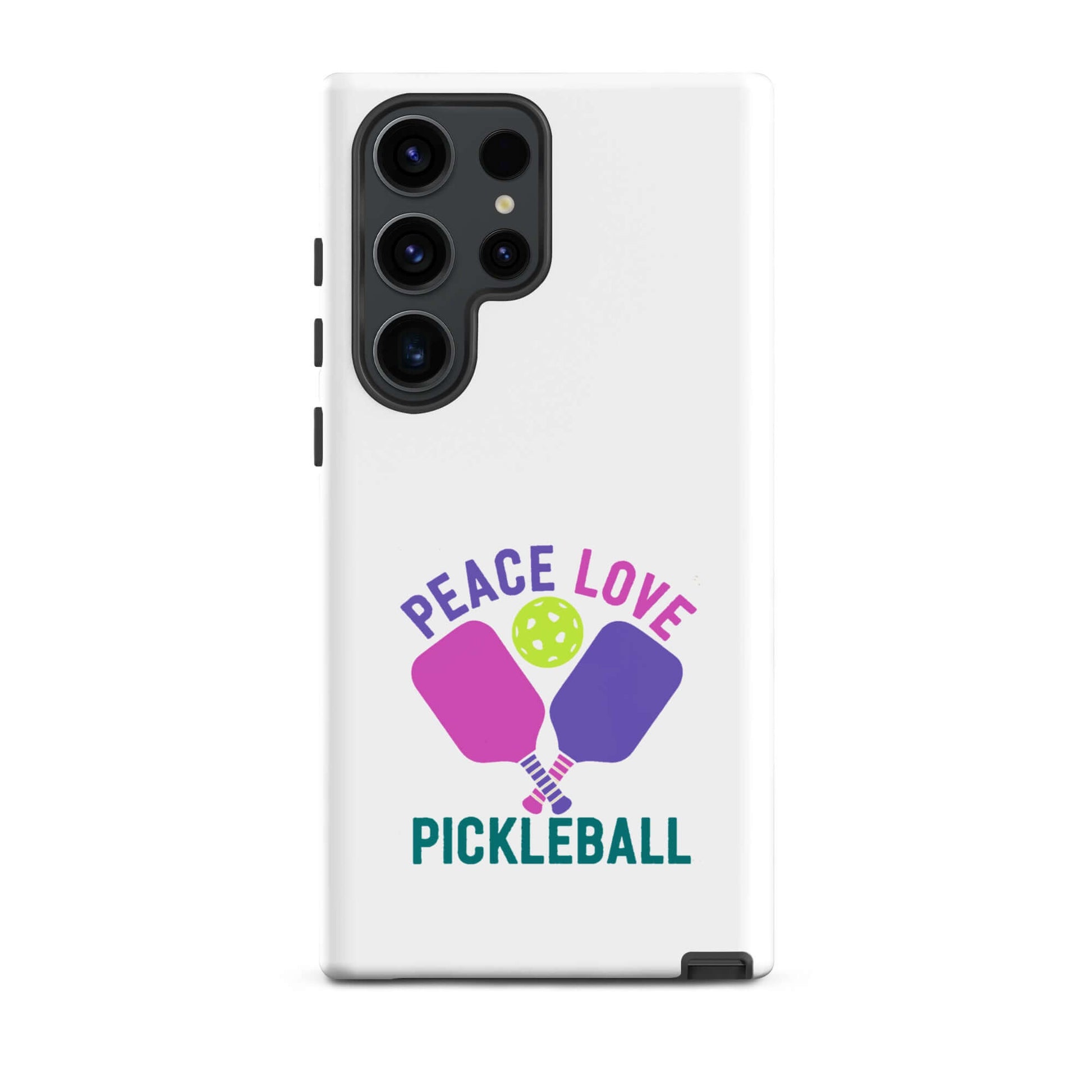 Peace, Love, Pickleball white tough case for Samsung Galaxy smartphones with colorful graphics.
