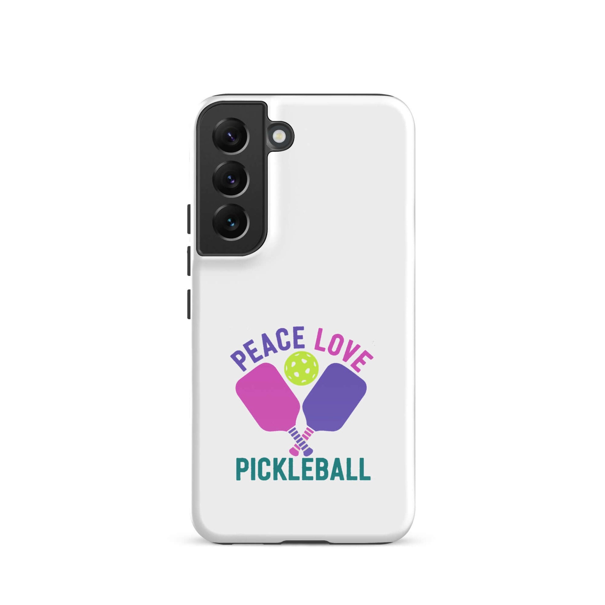Peace, Love, Pickleball white tough case for Samsung Galaxy smartphones, featuring colorful paddles and a pickleball.
