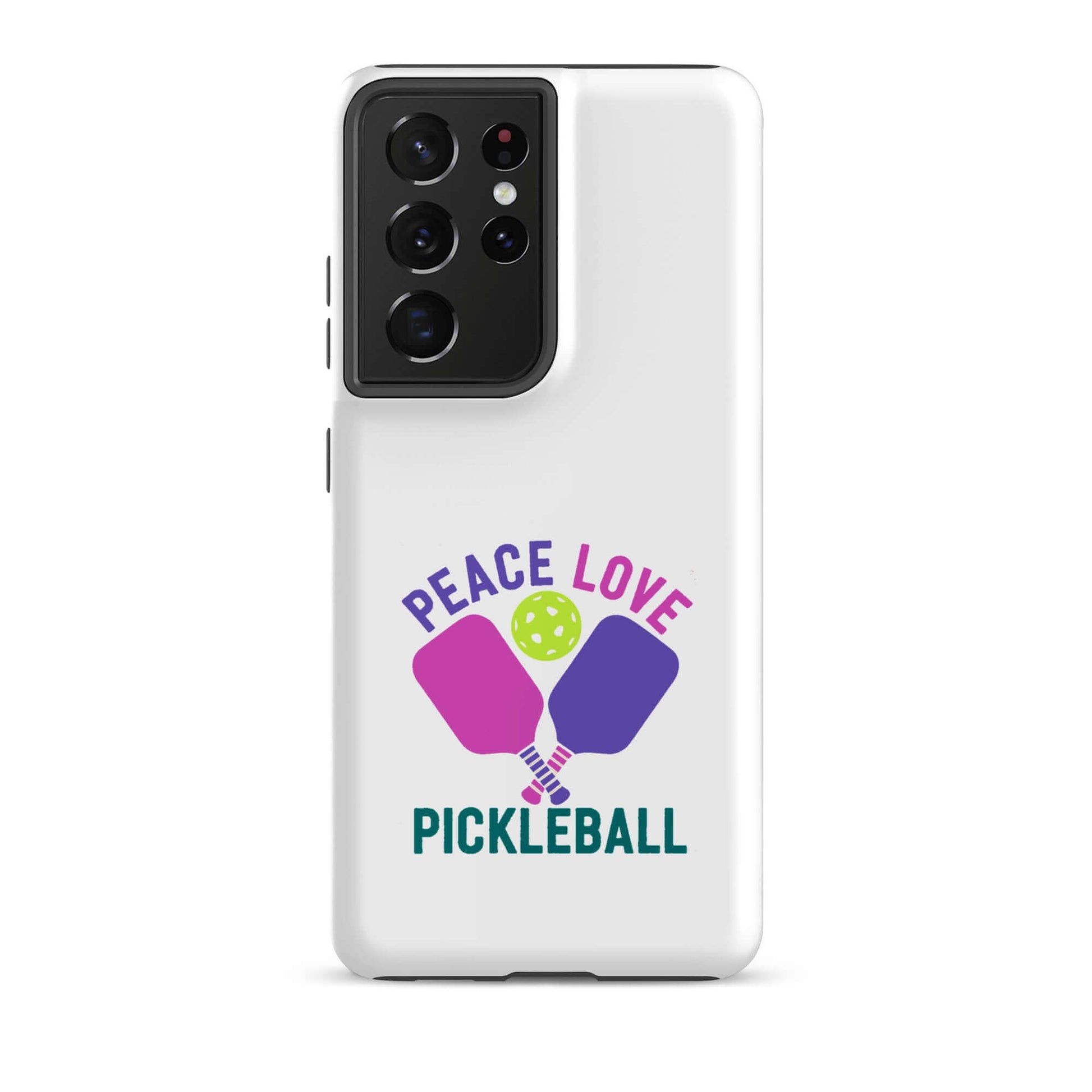 Peace, Love, Pickleball white tough case for Samsung Galaxy showcasing pickleball paddles and a vibrant design.
