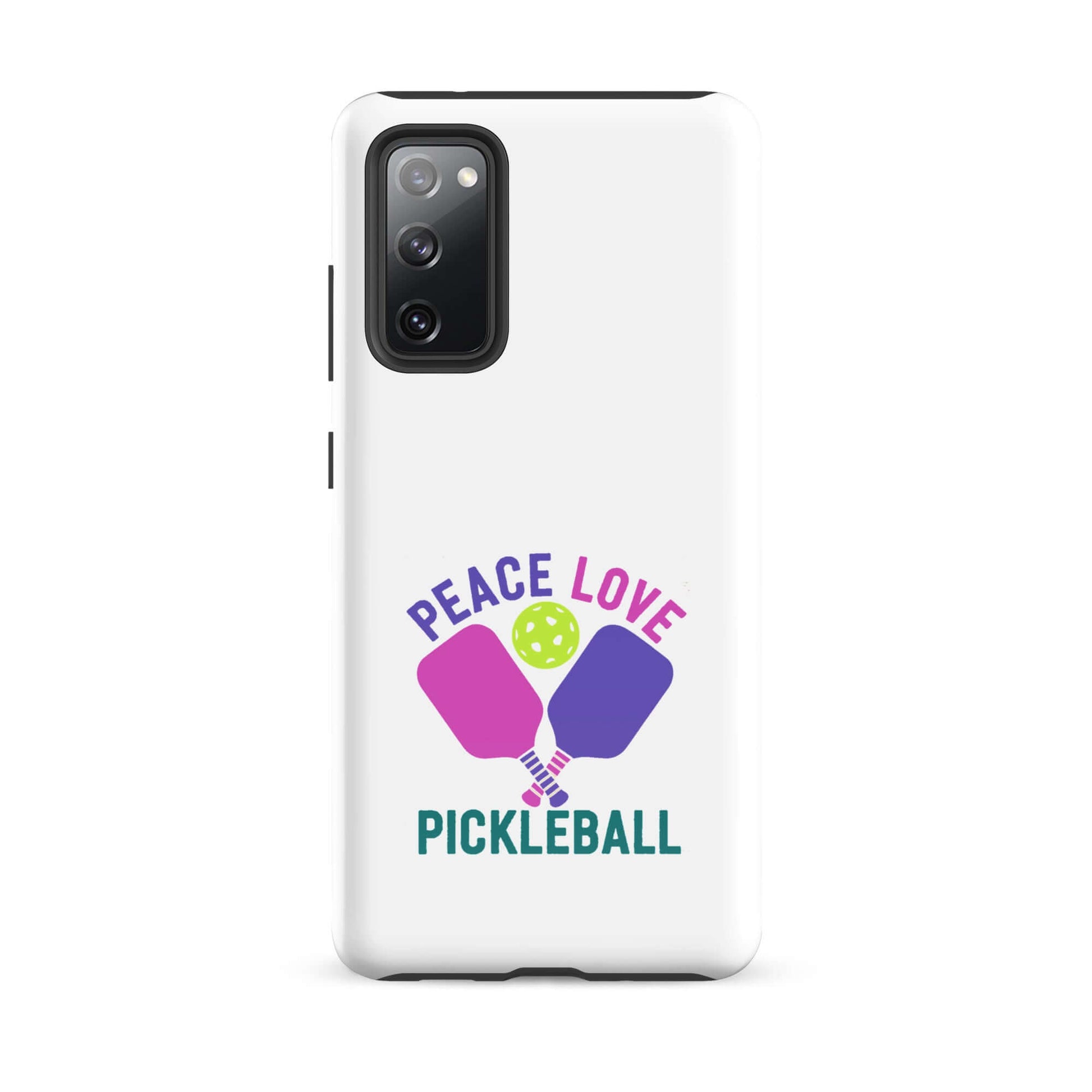Peace, Love, Pickleball white tough case for Samsung Galaxy smartphones with colorful paddles design.