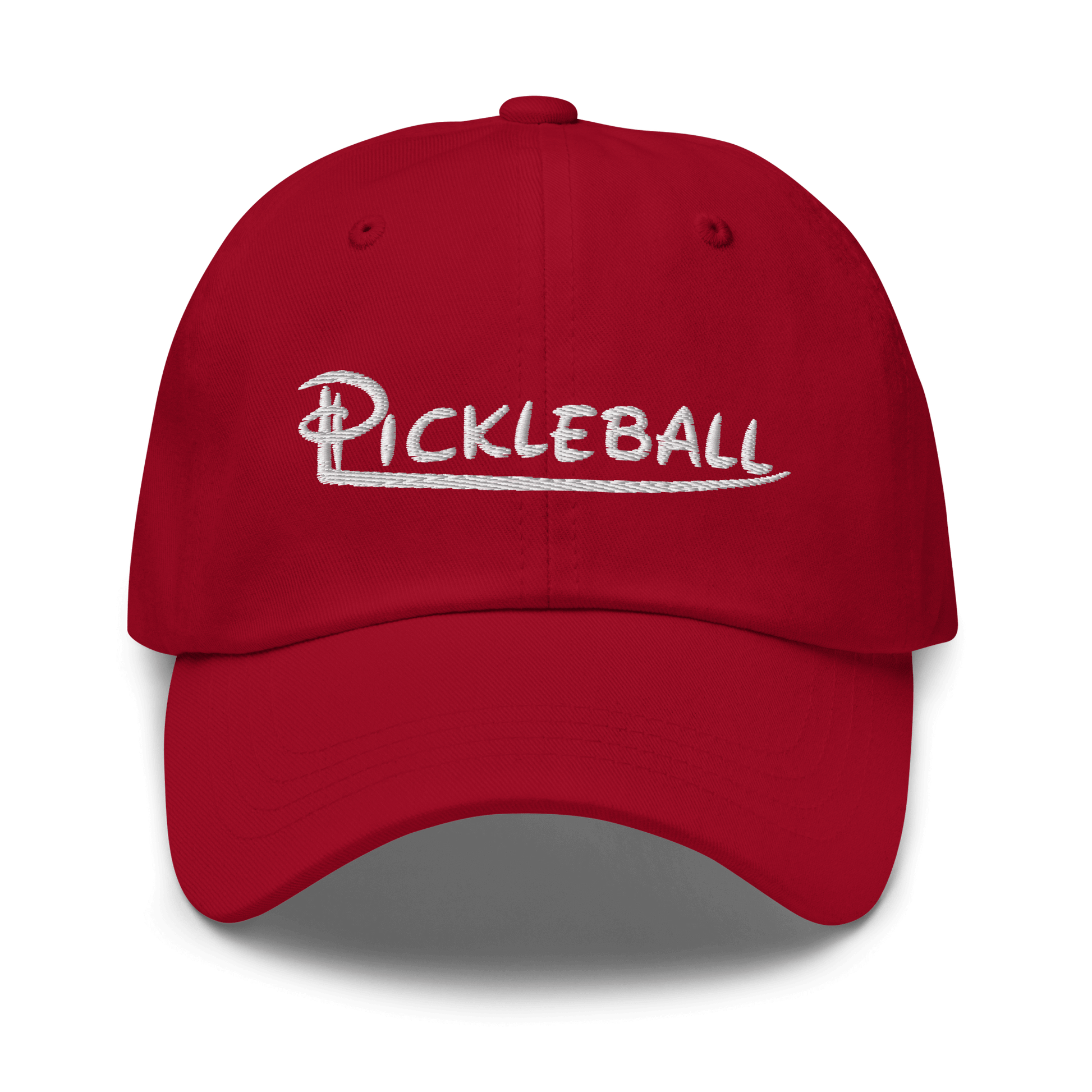 Red pickleball embroidered adjustable hat with low profile design and curved visor.