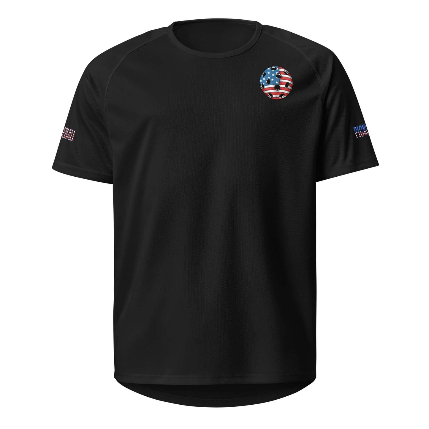 Black Pickleball Ultimate American Dream Series Unisex Sports Shirt with American flag detail, dry-fit moisture-wicking fabric.