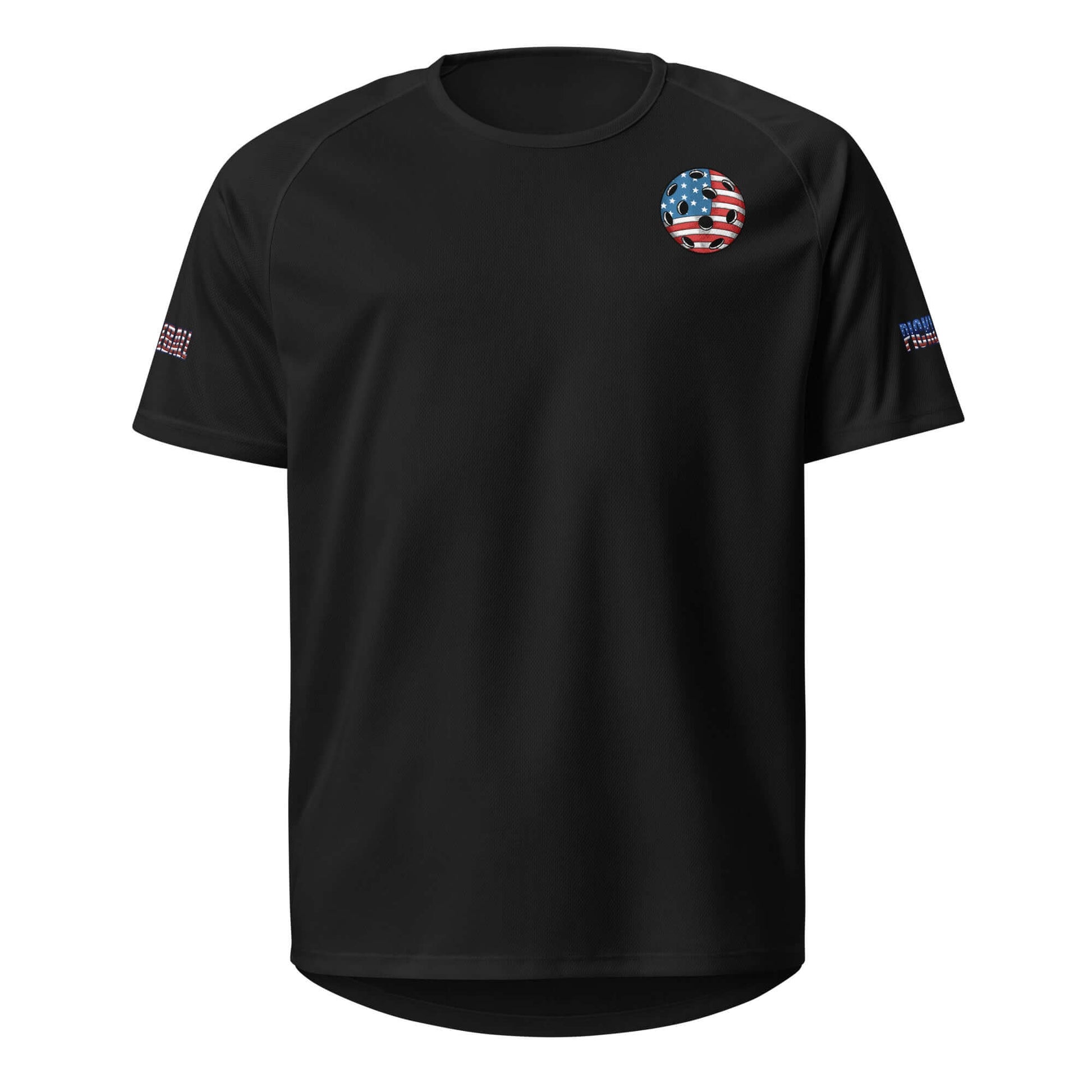 Black Pickleball Ultimate American Dream Series Unisex Sports Shirt with American flag detail, dry-fit moisture-wicking fabric.