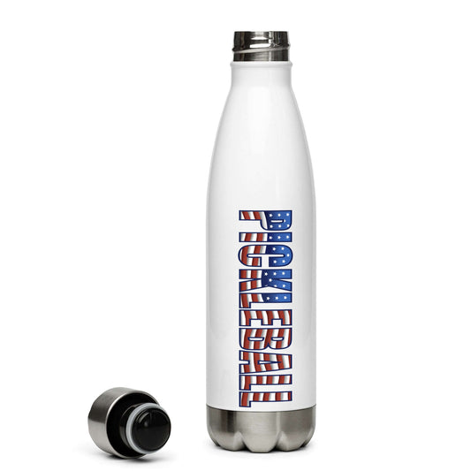 Stainless steel water bottle 17oz with American flag pickleball design, lid removed, perfect for pickleball enthusiasts.