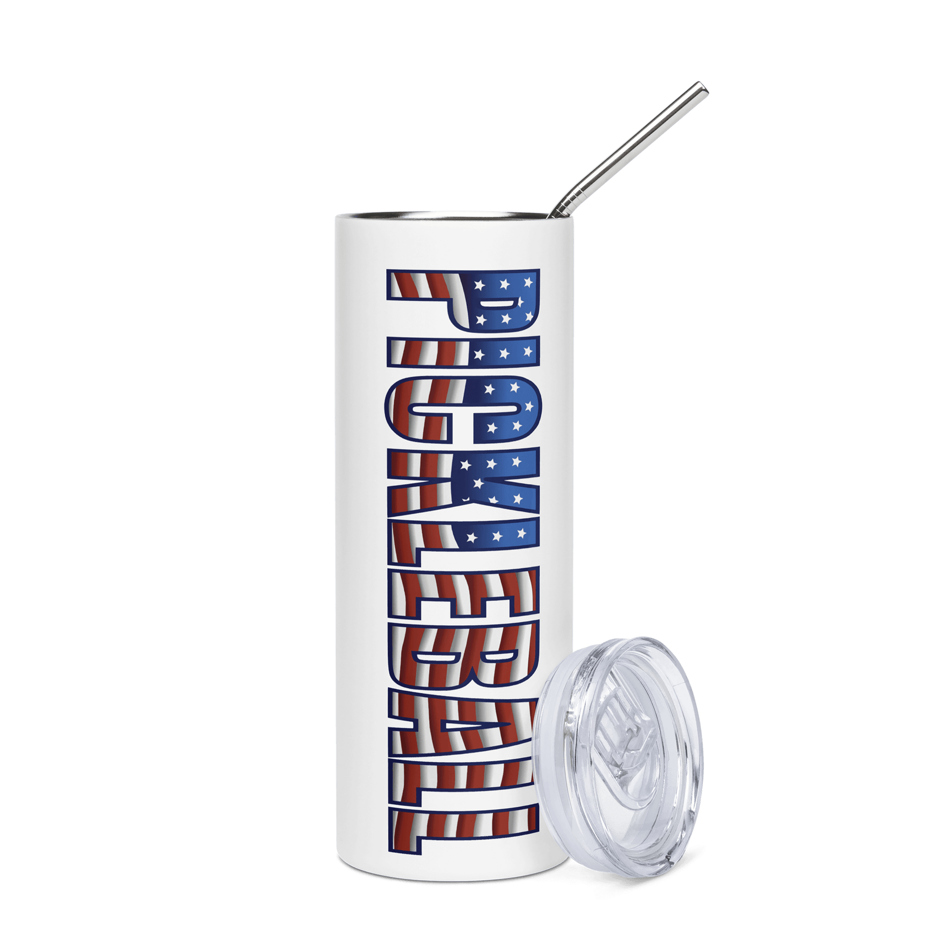 Stainless steel tumbler with American flag-themed pickleball design, featuring a straw and lid, 20oz capacity.