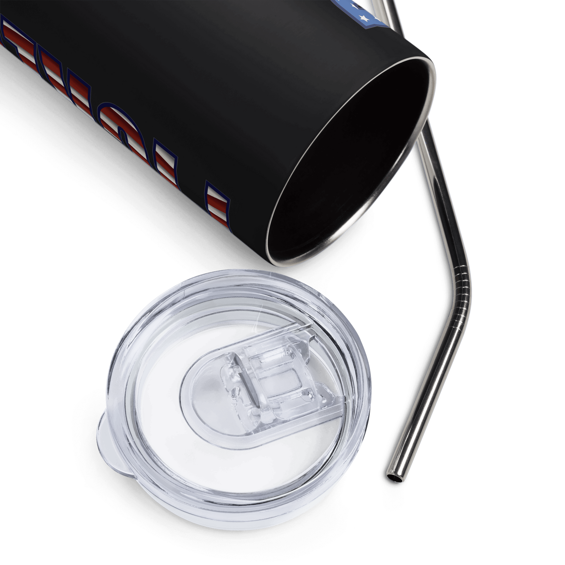Stainless steel tumbler with American flag design, 20oz, featuring a clear lid and metal straw for pickleball enthusiasts.