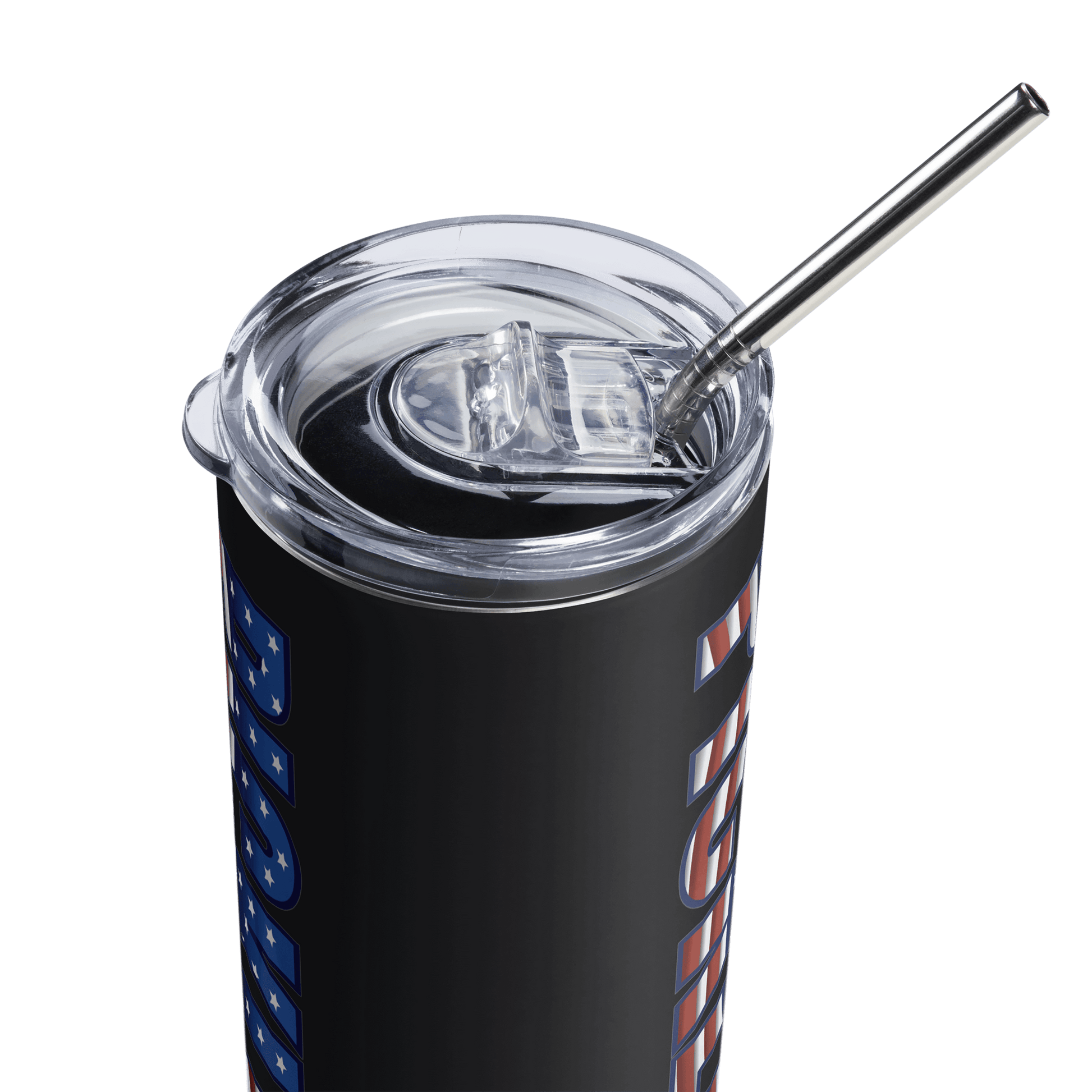 Stainless steel tumbler with American flag design and metal straw, celebrating pickleball origins, 20oz capacity.