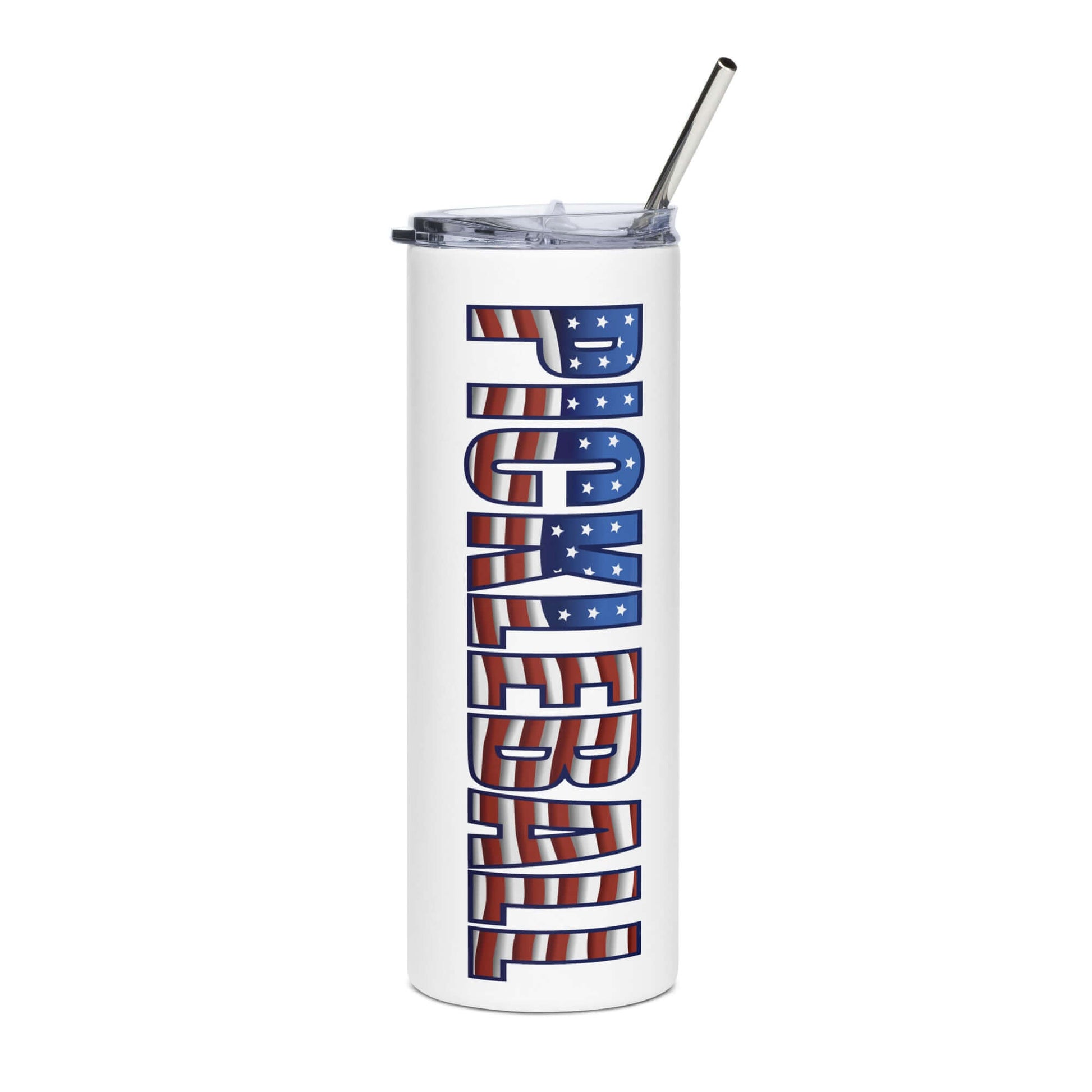 Stainless steel tumbler with "Pickleball" in American flag design, celebrating the sport's origins and summer vibes. 20oz capacity.