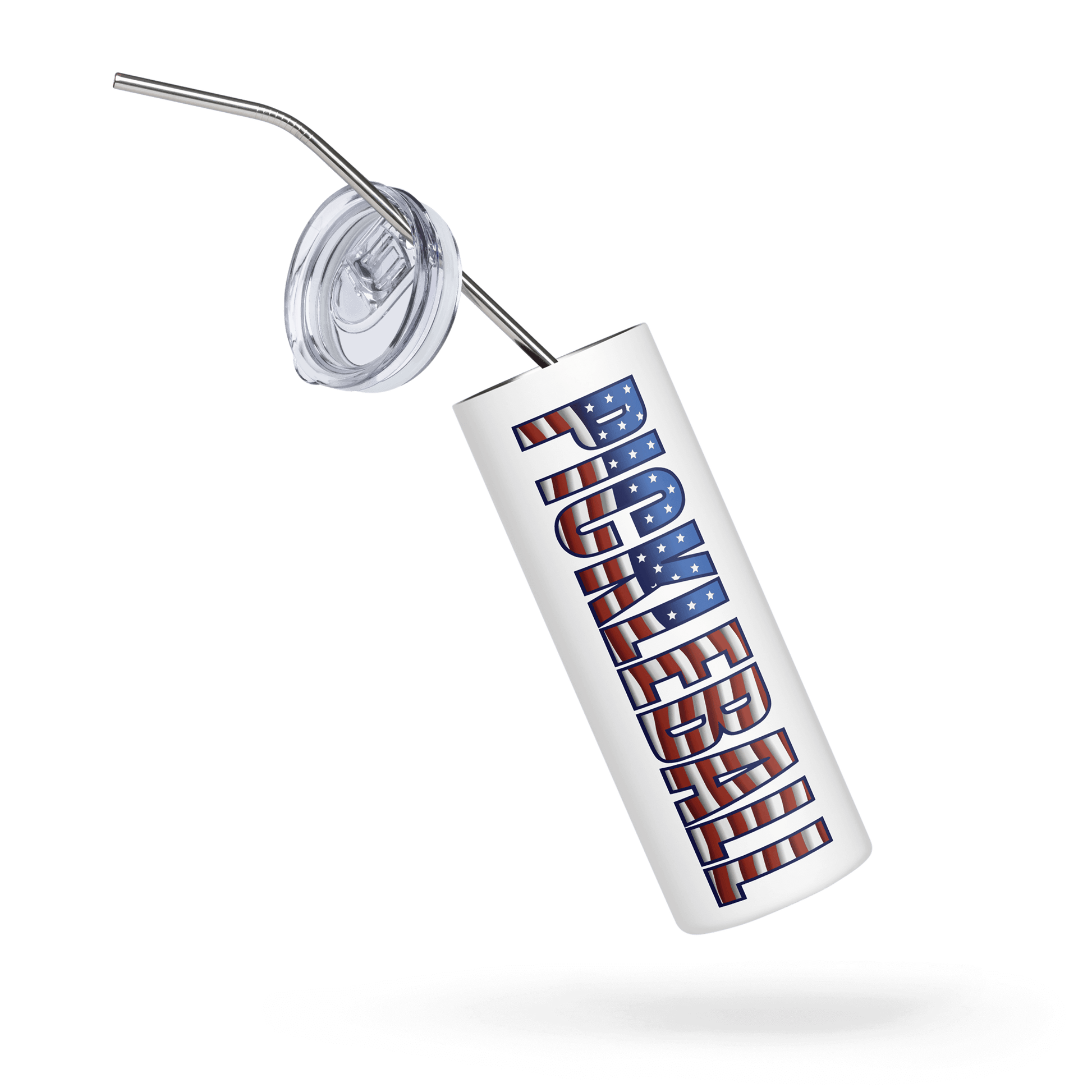 Stainless steel tumbler with American flag-themed "PICKLEBALL" design and lid, celebrating pickleball and American heritage.