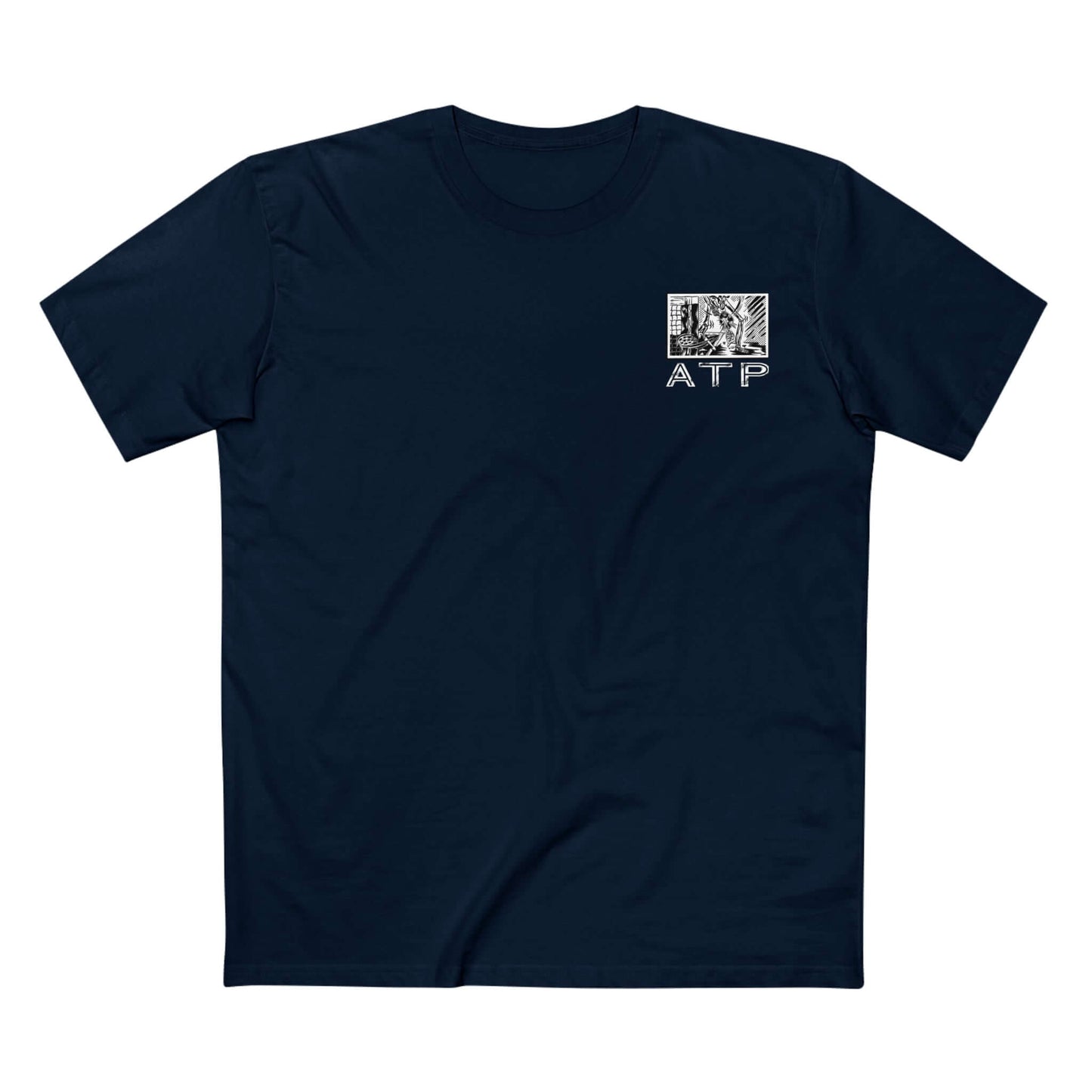 Navy Pickleball ATP Comic T-Shirt, 100% combed cotton, featuring small graphic and text on the chest, perfect for game day enthusiasts.
