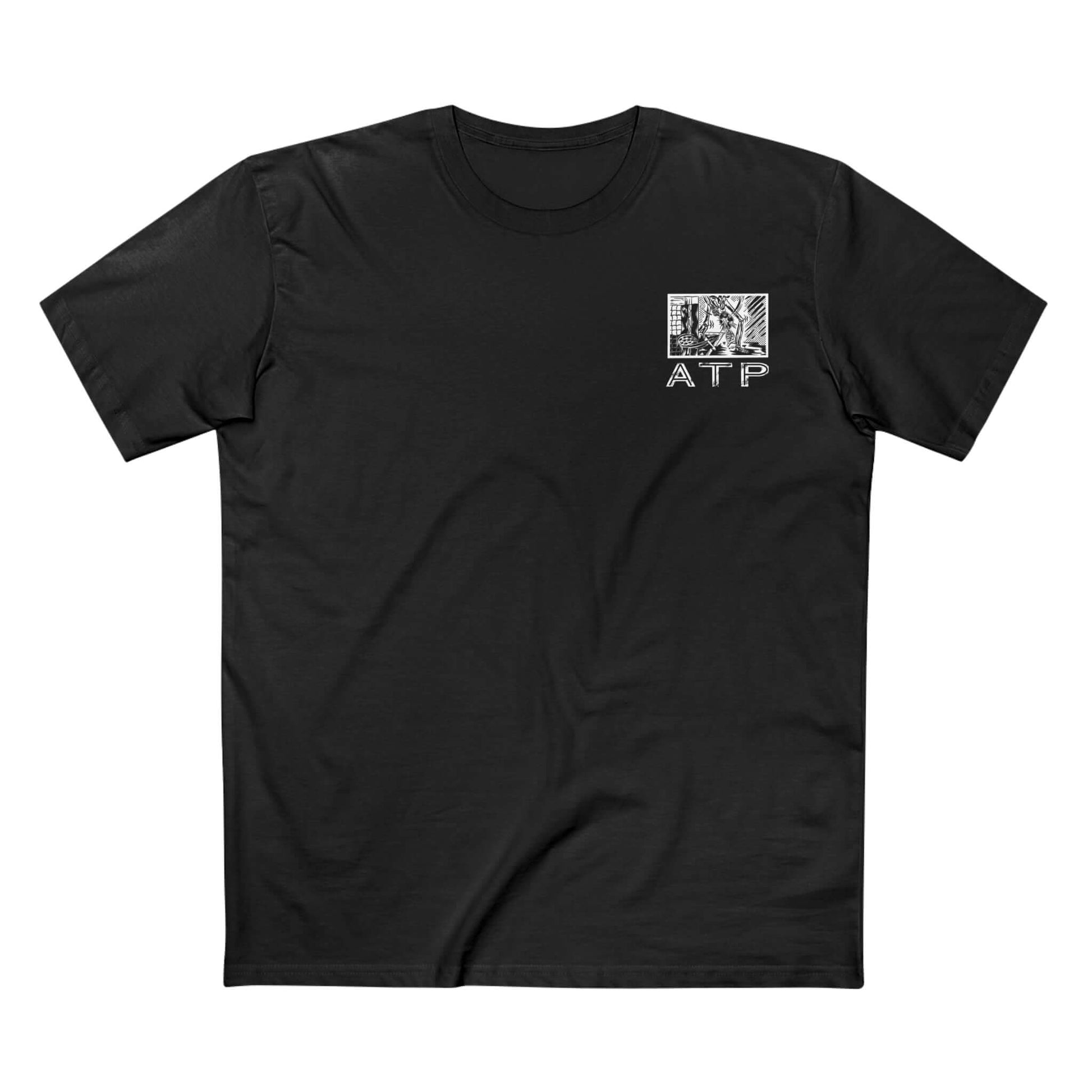 Black pickleball ATP comic T-shirt made of 100% combed cotton with graphic design on the chest, ideal for game day excitement.