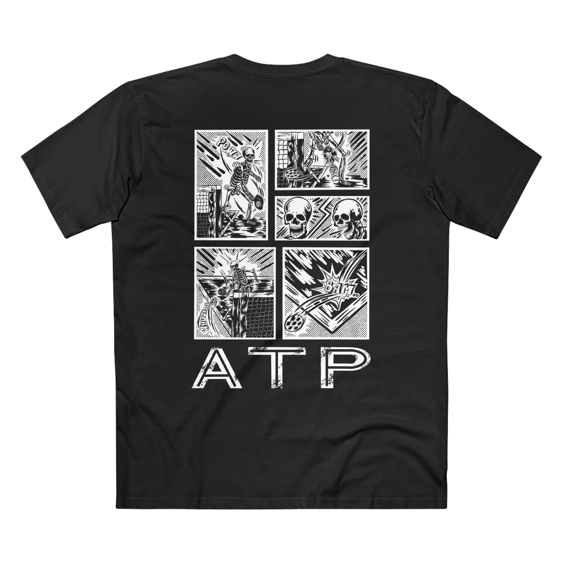 Black ATP comic-style Pickleball T-shirt with graphic panels depicting exciting game scenes.