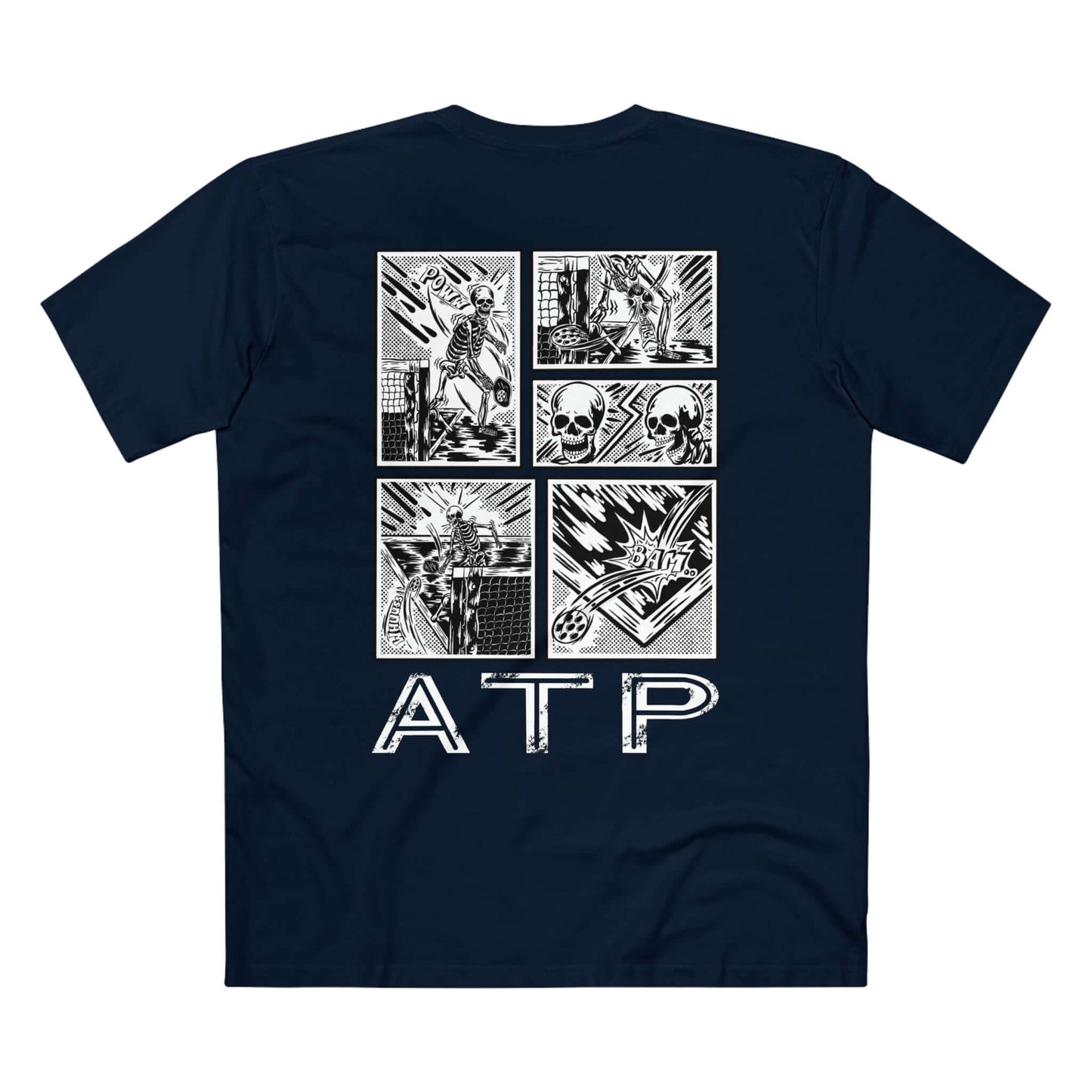 Navy blue ATP comic-style Pickleball T-shirt featuring dynamic graphics and 100% combed cotton construction.