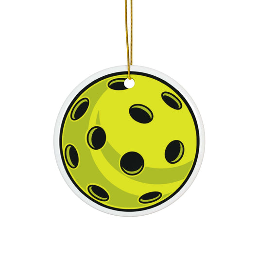Pickleball Christmas ornament with vibrant pickleball print, perfect for enthusiasts, glossy ceramic finish, yellow and black design.