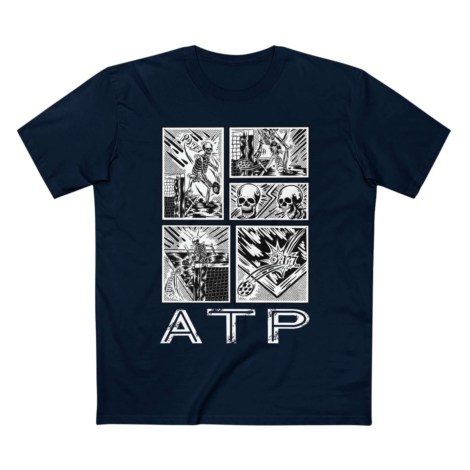 Comic-style ATP Pickleball T-shirt featuring dynamic graphics on front, made from 100% combed cotton.
