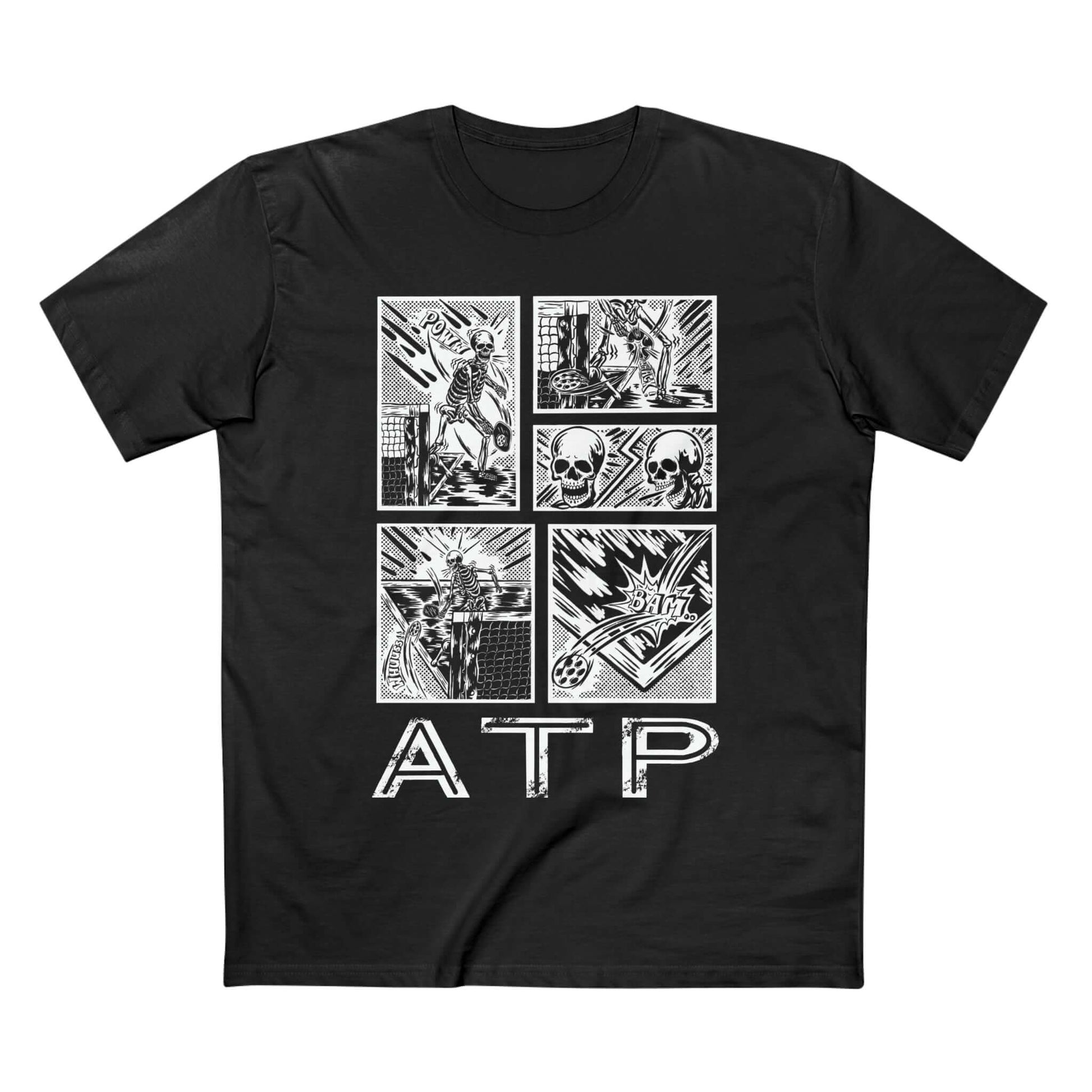 Black Pickleball ATP Comic T-Shirt featuring action-packed comic strip design on front, 100% cotton.