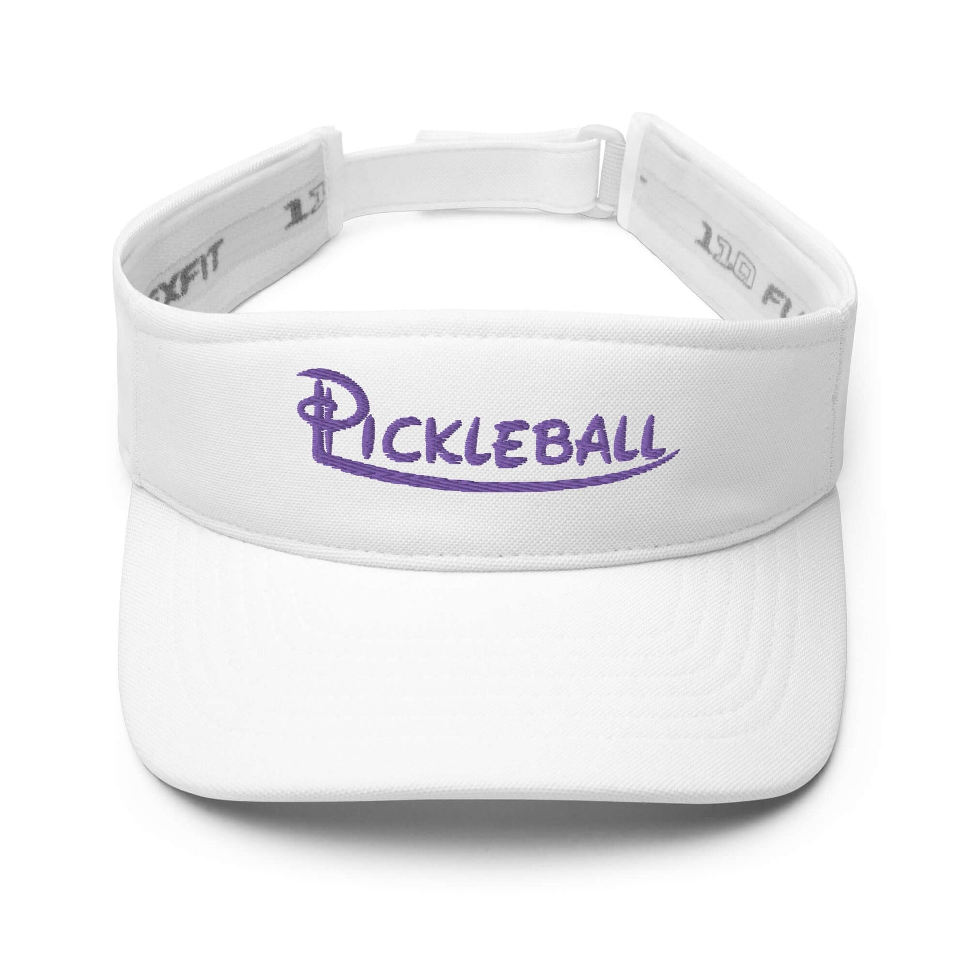 White pickleball embroidered visor with adjustable strap, featuring sleek design for comfort and performance.