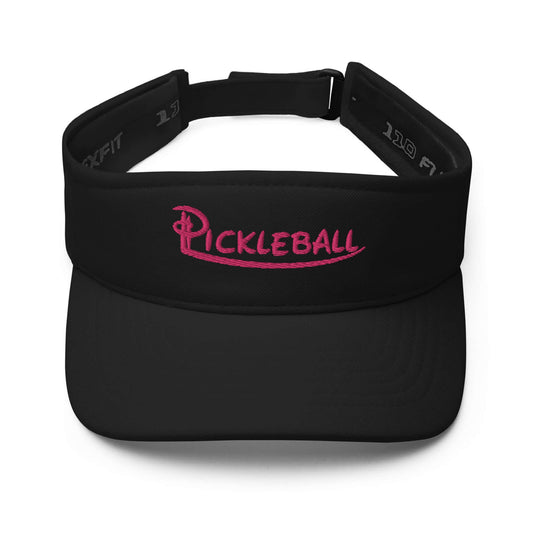 Black pickleball embroidered adjustable visor with pink lettering, designed for comfort and performance in pickleball matches.