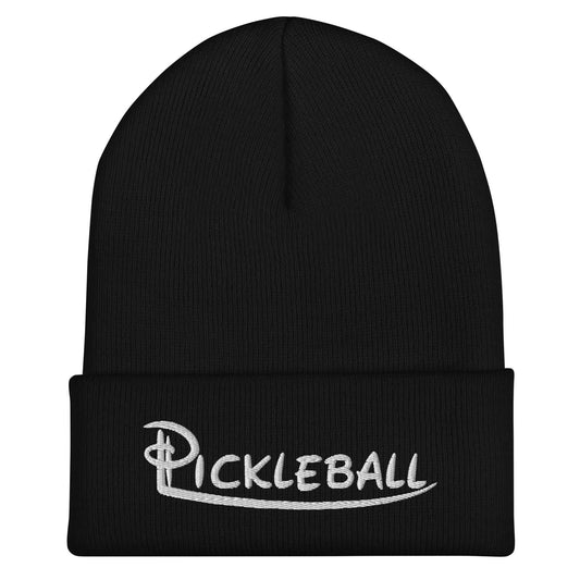Black Pickleball Embroidered Cuffed Beanie, showcasing stylish logo design for pickleball enthusiasts.