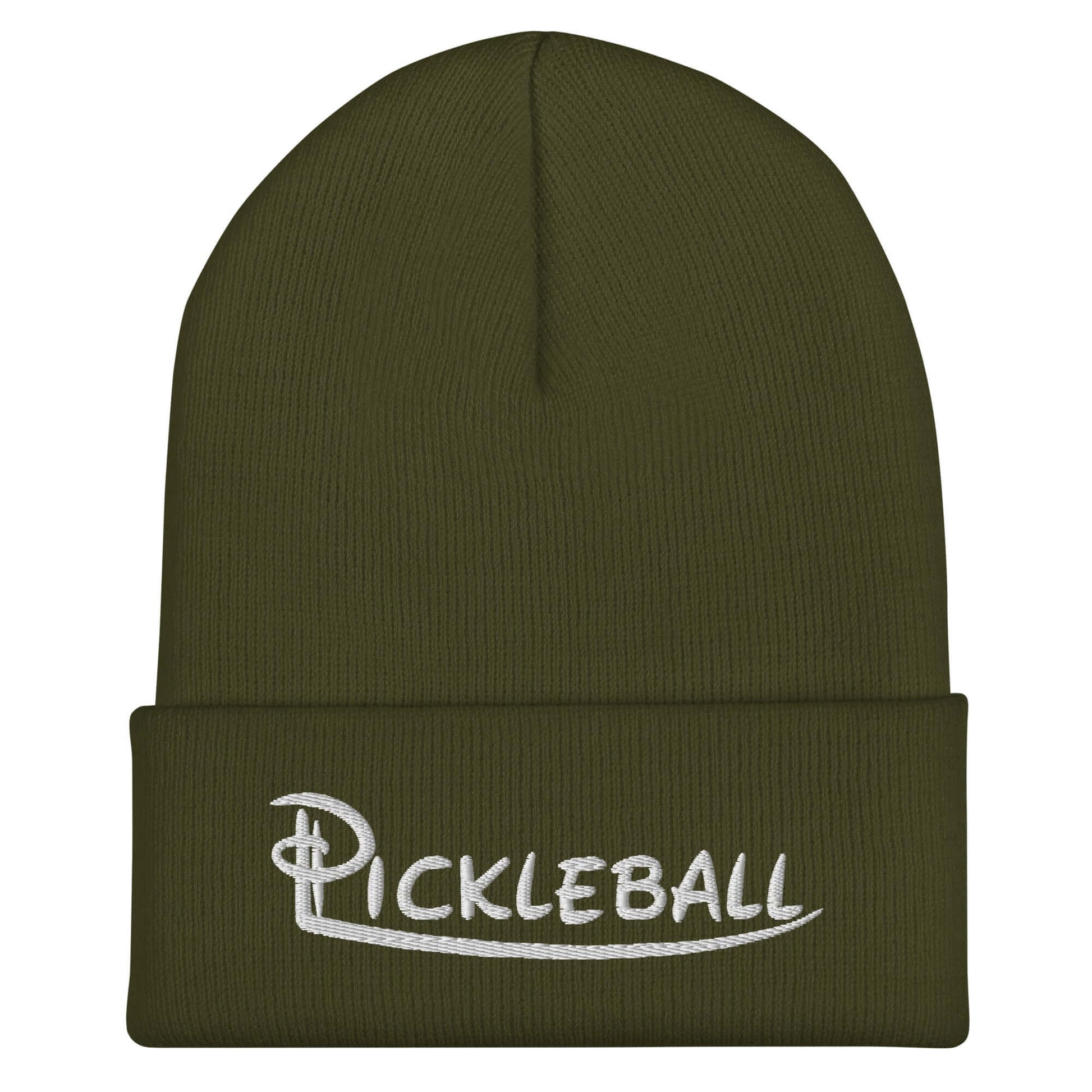 Olive green beanie with embroidered "Pickleball" text, stylish cuffed design ideal for pickleball enthusiasts.