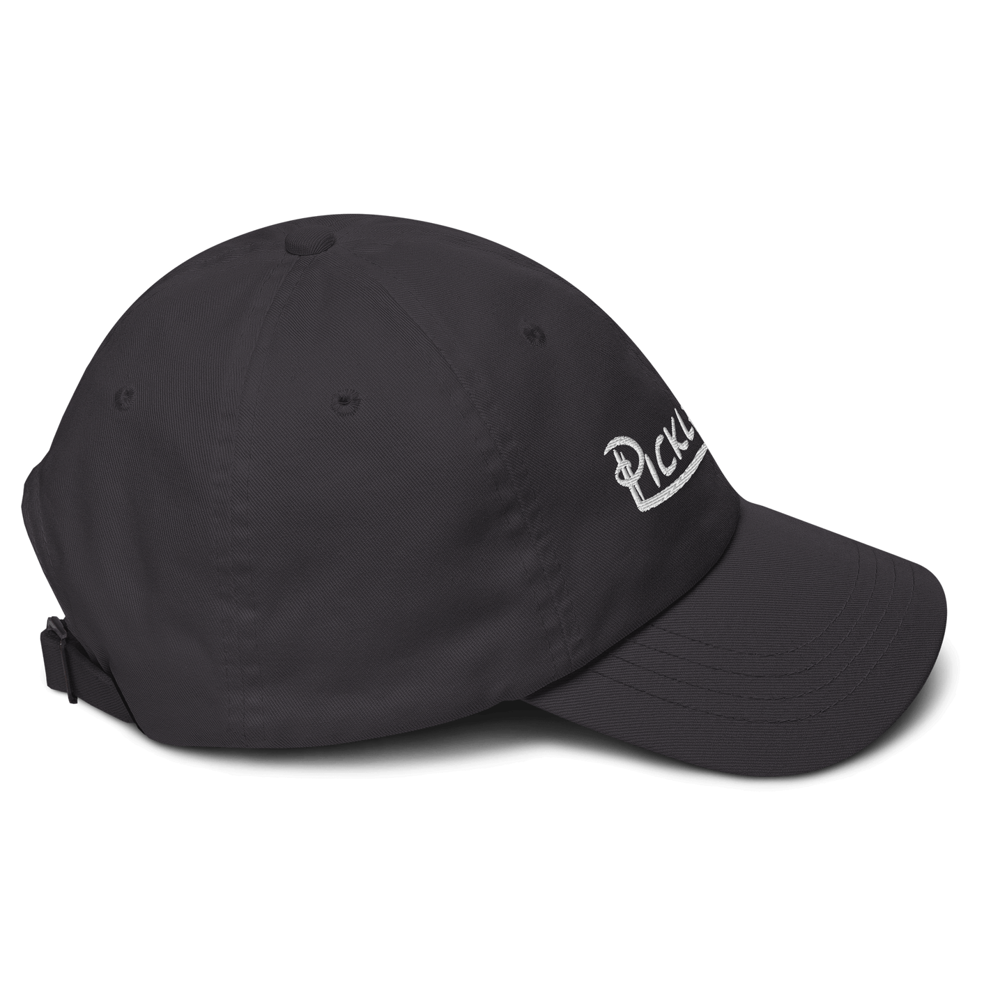 Black low profile pickleball hat with embroidered logo and adjustable strap
