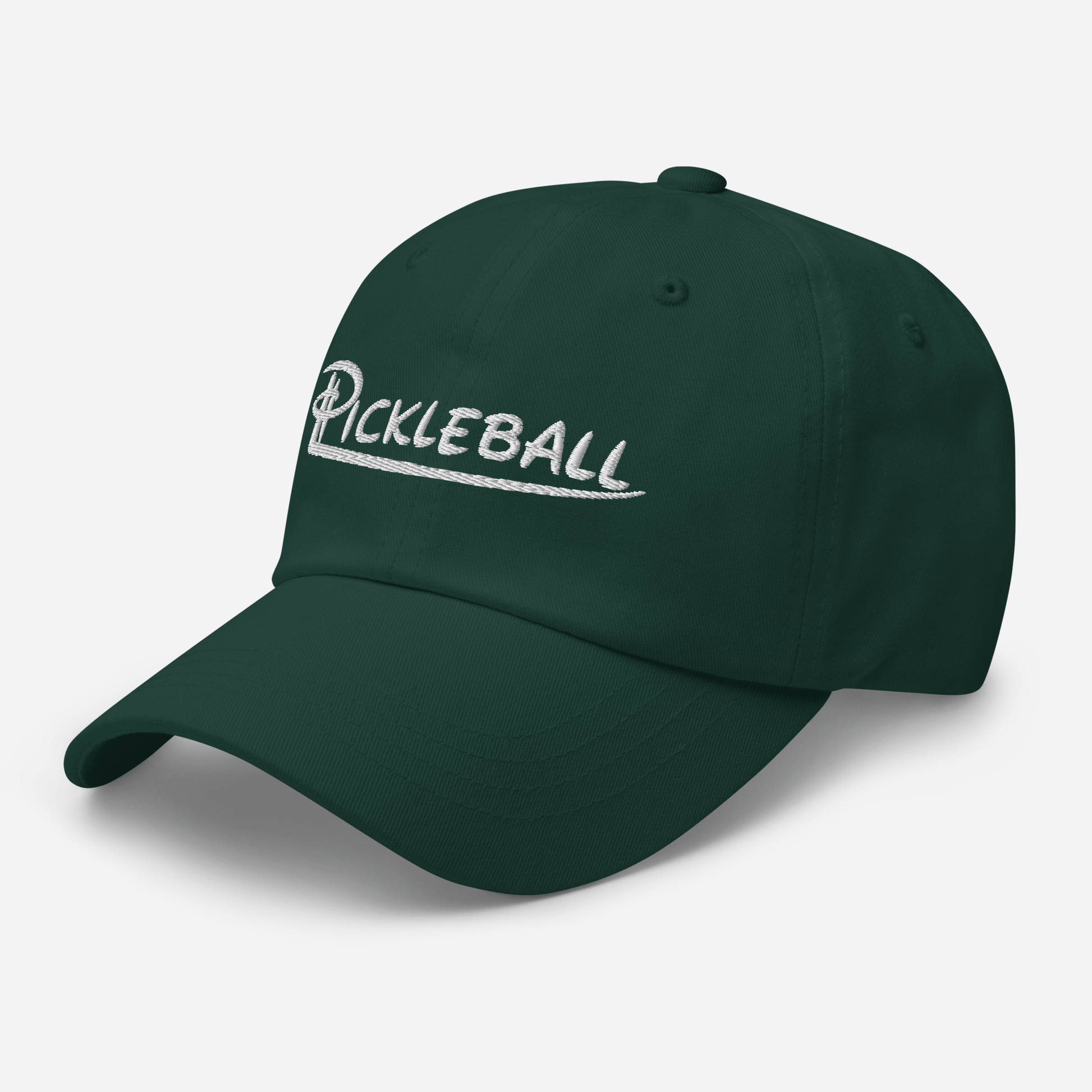 Green camo pickleball hat with embroidered logo and adjustable strap for a custom fit