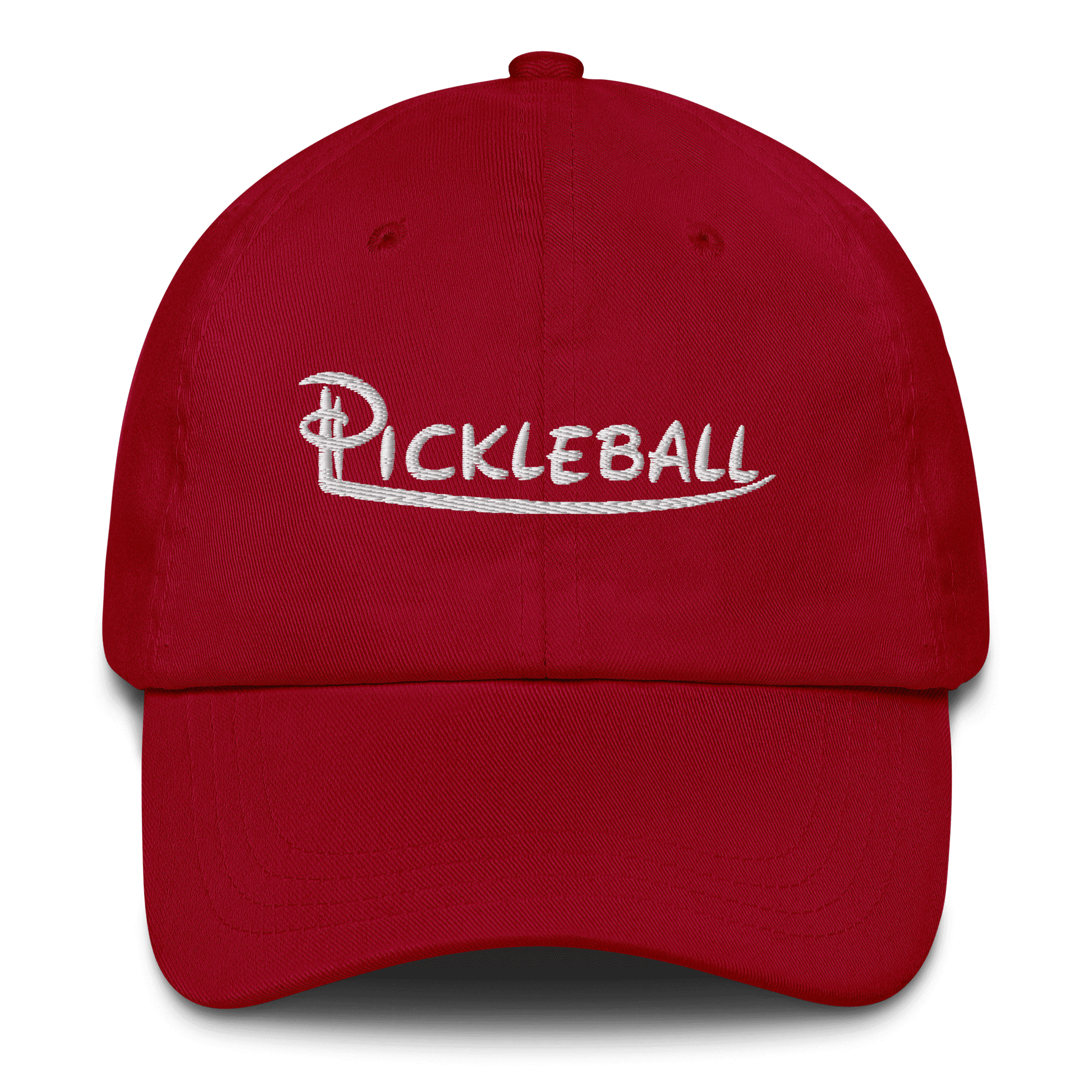 Red low profile pickleball hat with "Pickleball" embroidered in white on the front.